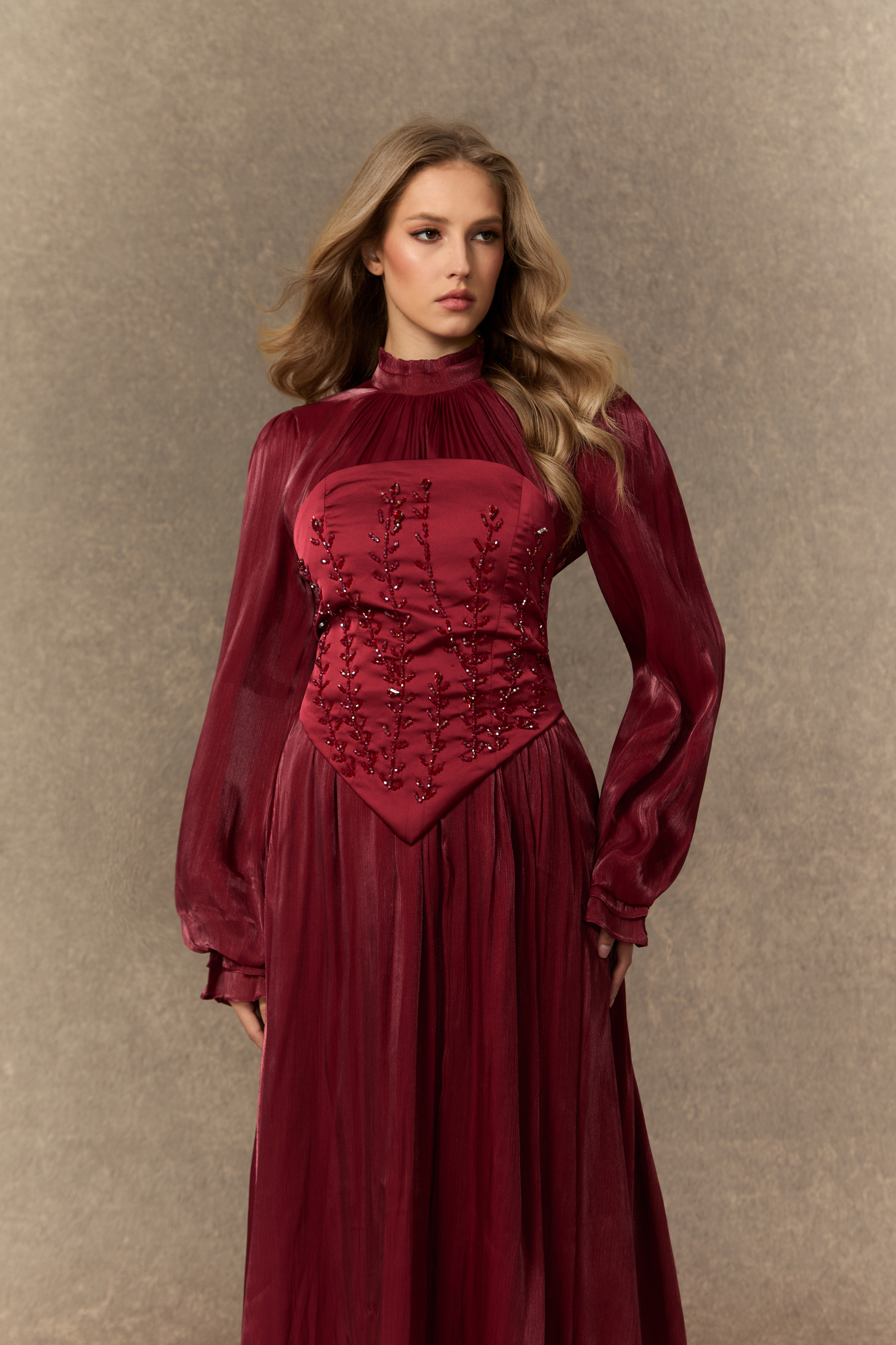 Composed Elegance Burgundy Bead Embroidered Corset Maxi Dress