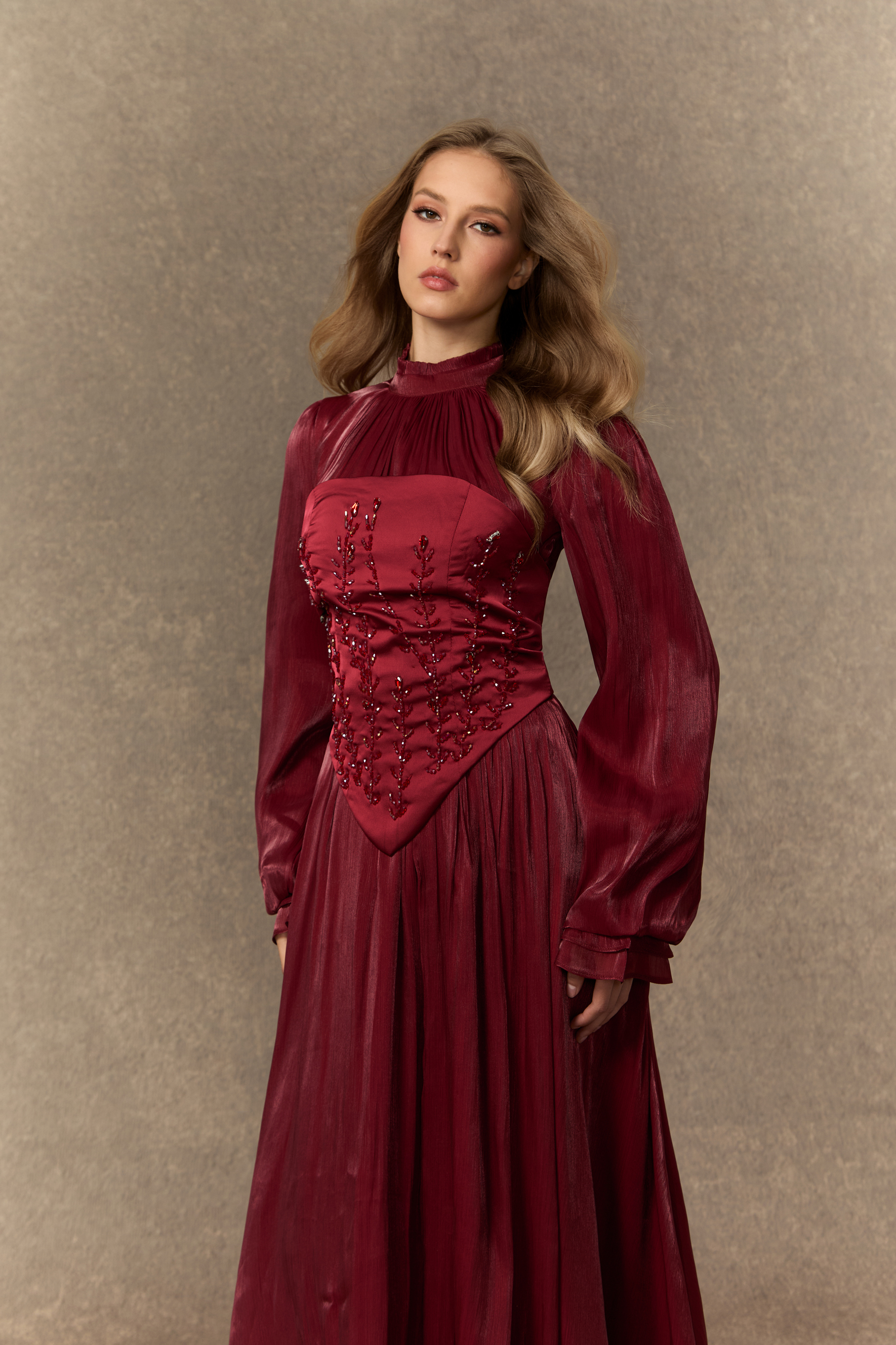 Composed Elegance Burgundy Bead Embroidered Corset Maxi Dress