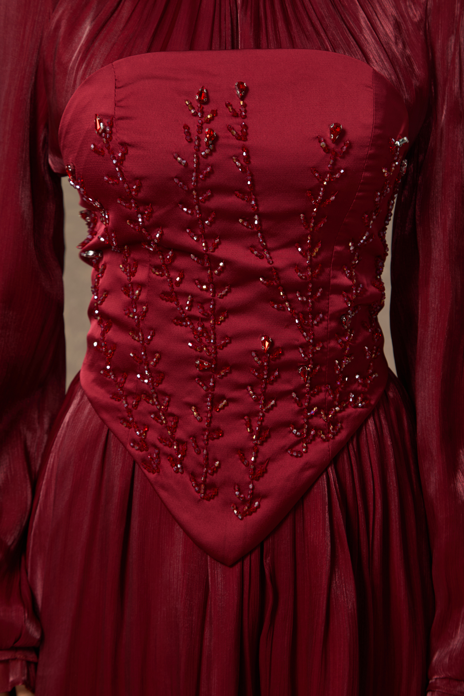 Composed Elegance Burgundy Bead Embroidered Corset Maxi Dress