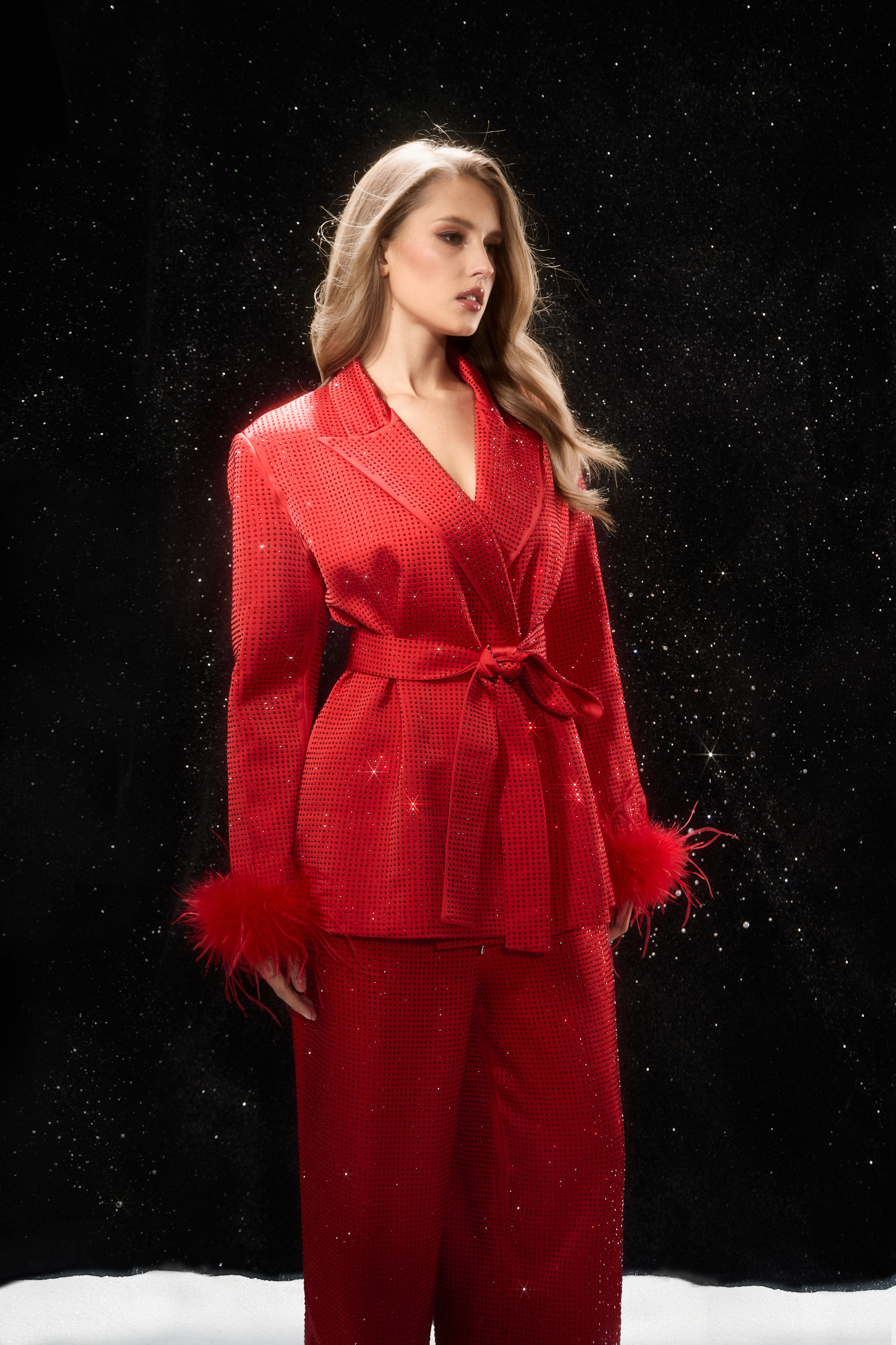 Limitless Radiance Red Feather Cuff Blazer & Pants Set