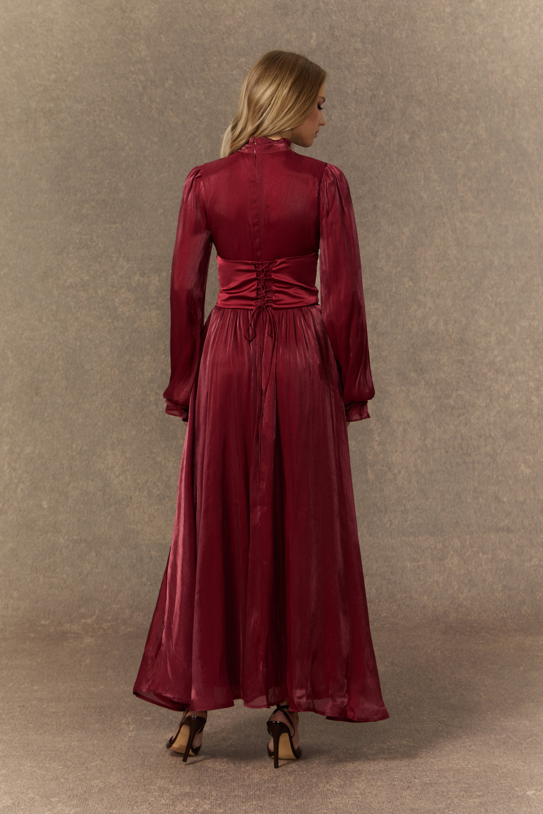 Composed Elegance Burgundy Bead Embroidered Corset Maxi Dress