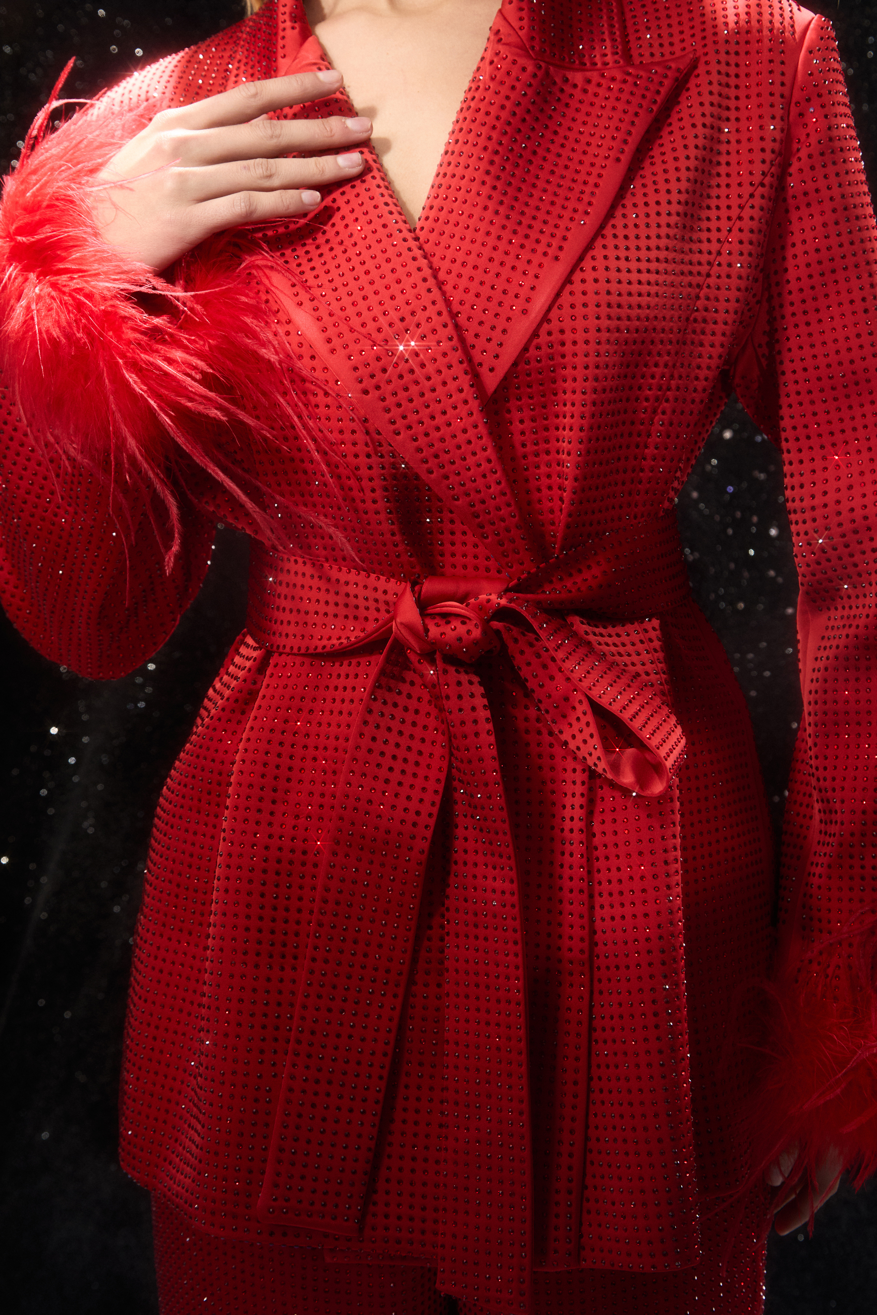 Limitless Radiance Red Feather Cuff Blazer & Pants Set