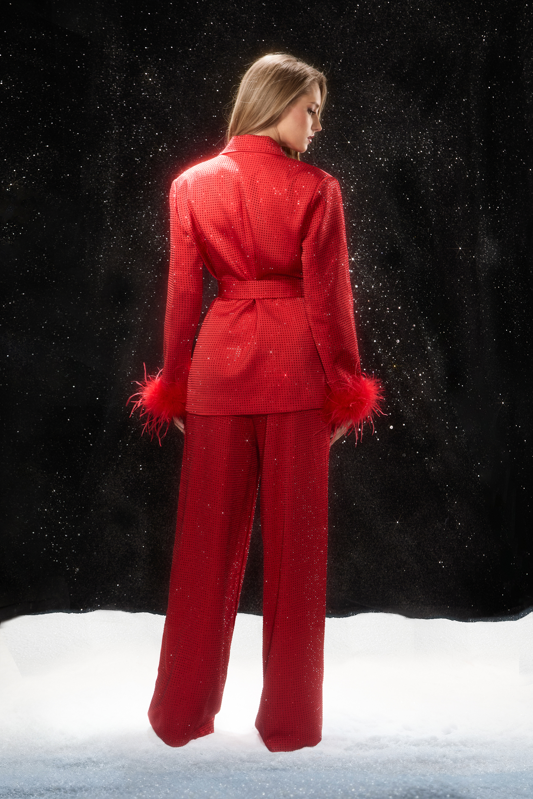 Limitless Radiance Red Feather Cuff Blazer & Pants Set