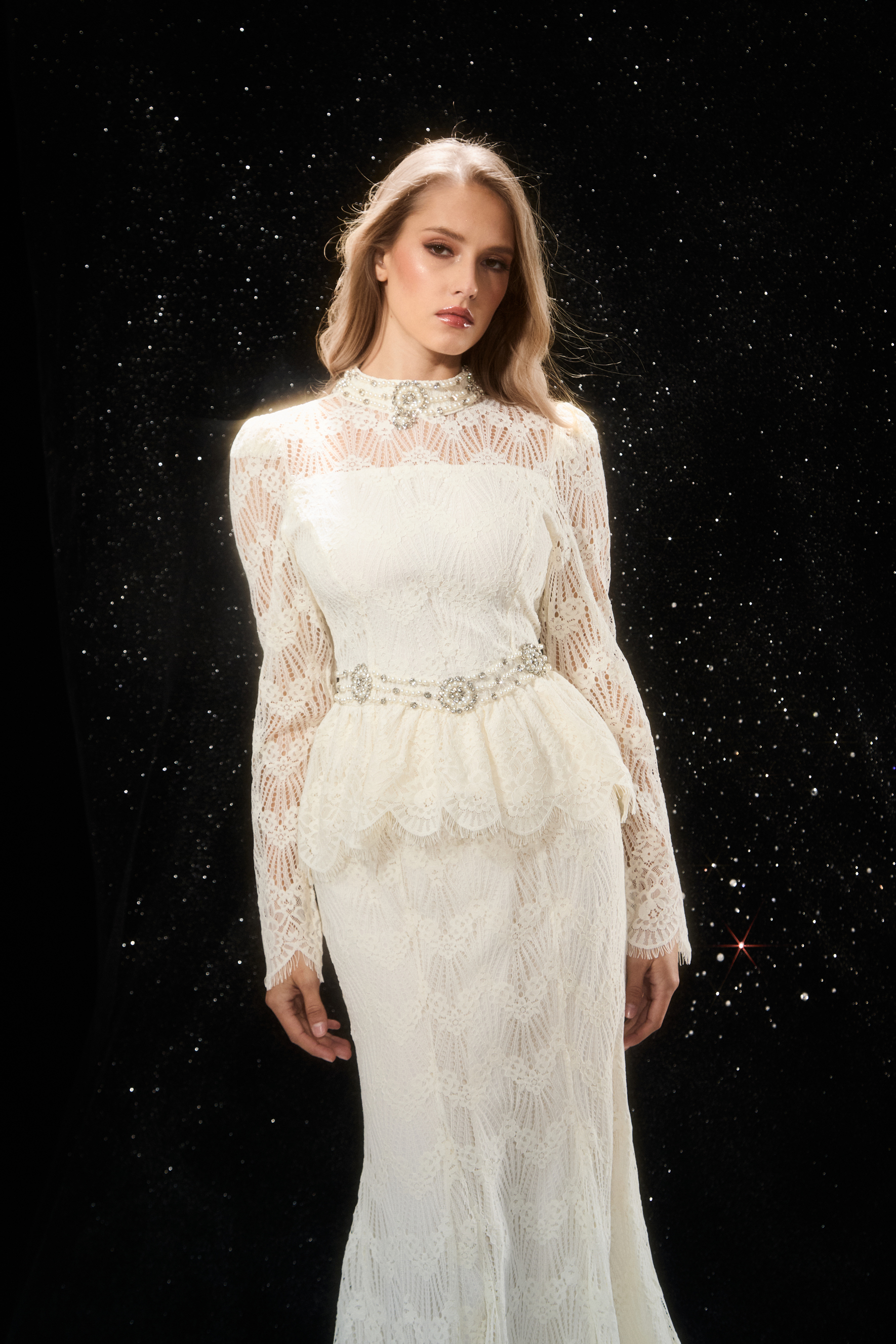 Eternally Beloved White Pearl Embellished Sheer Lace Top & Skirt Set