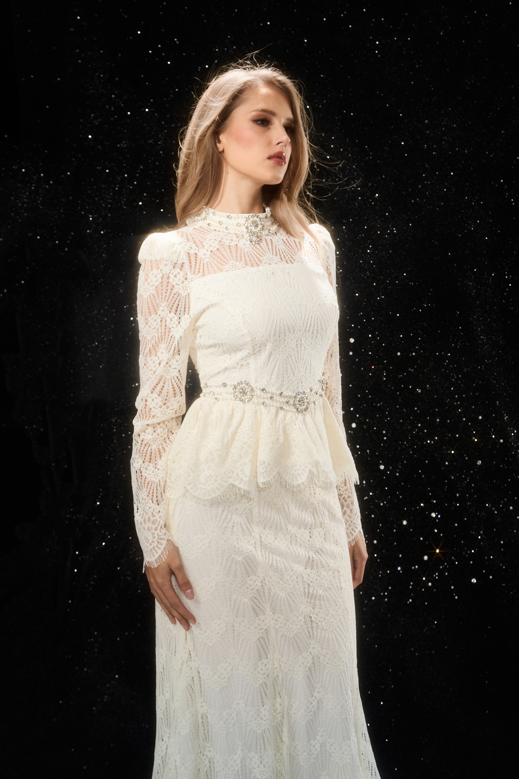 Eternally Beloved White Pearl Embellished Sheer Lace Top & Skirt Set