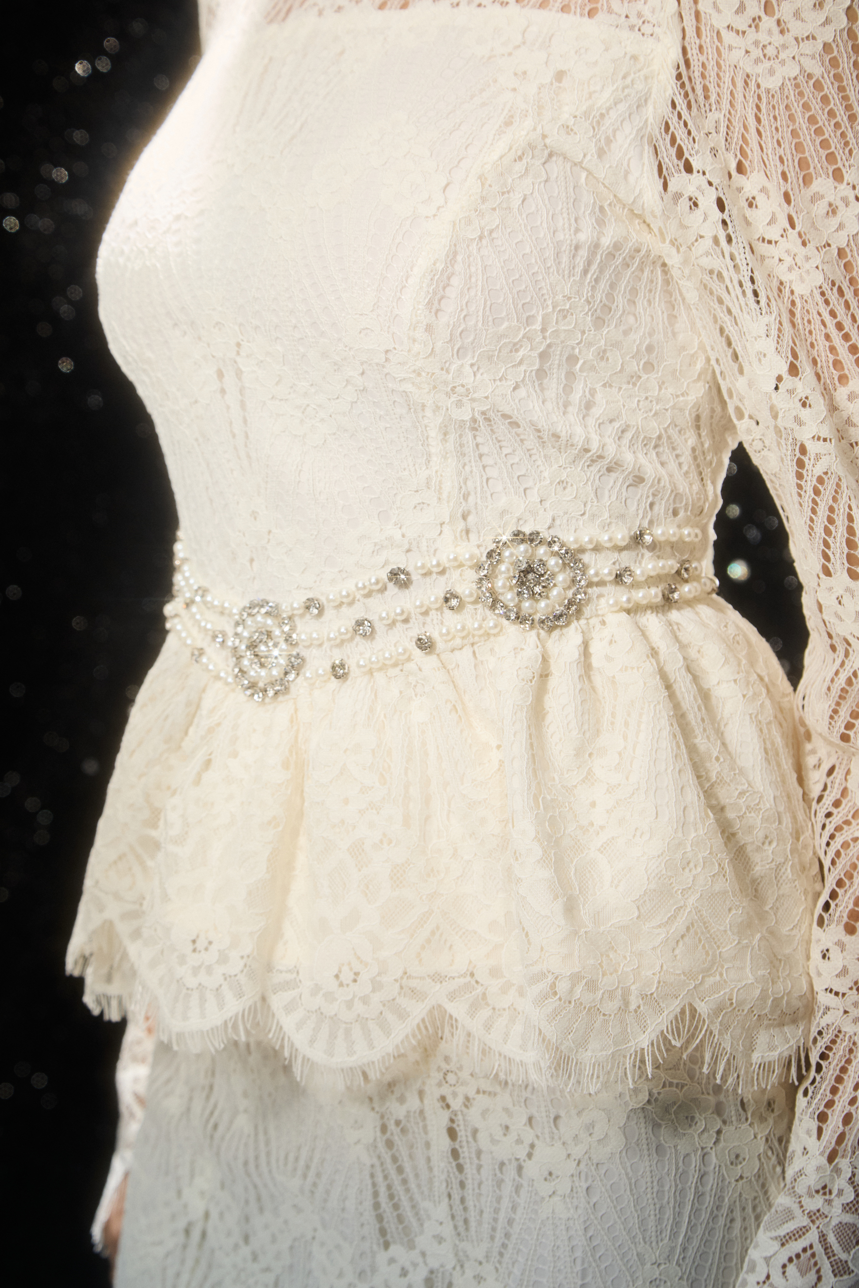 Eternally Beloved White Pearl Embellished Sheer Lace Top & Skirt Set