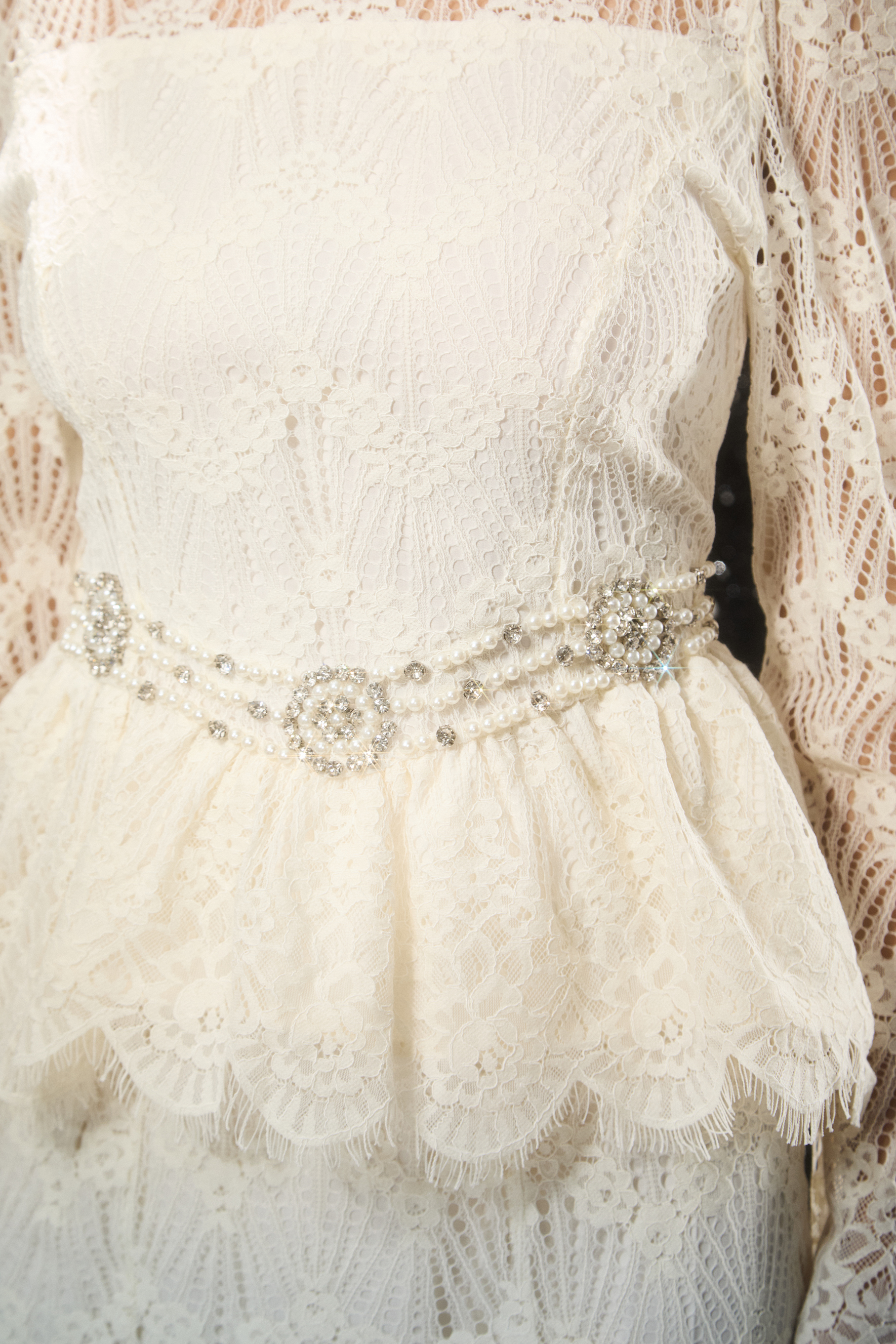 Eternally Beloved White Pearl Embellished Sheer Lace Top & Skirt Set
