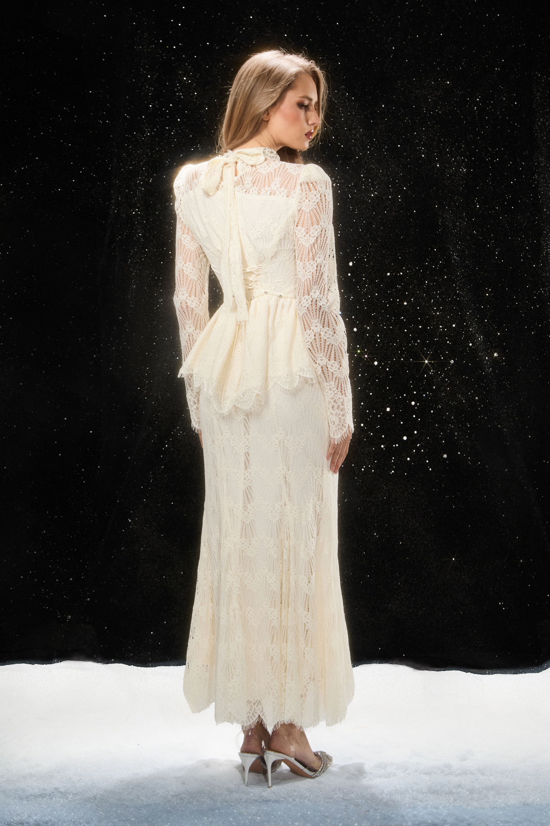 Eternally Beloved White Pearl Embellished Sheer Lace Top & Skirt Set