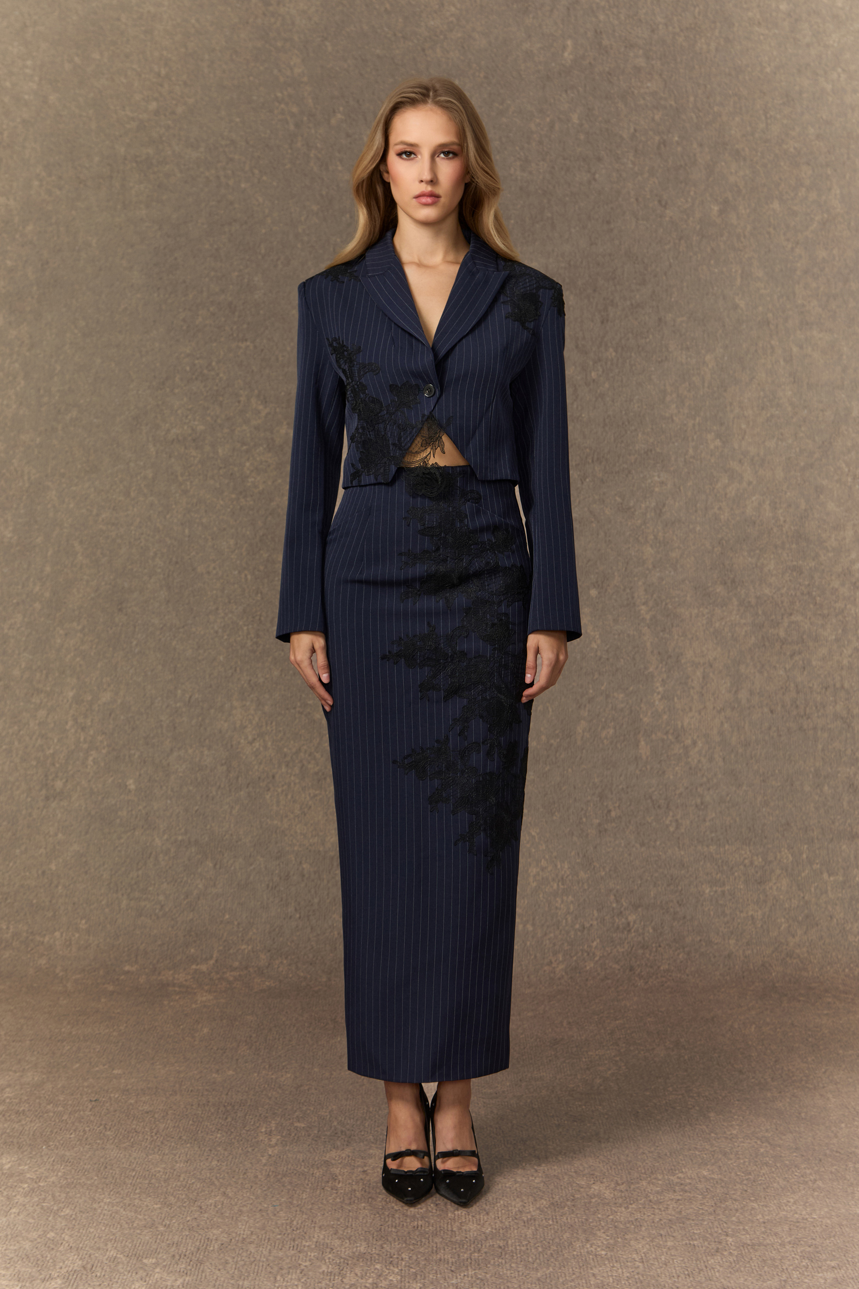 Stylish Structure Dark Blue Pinstripe Cropped Blazer & Lace Embroidered Skirt Set
