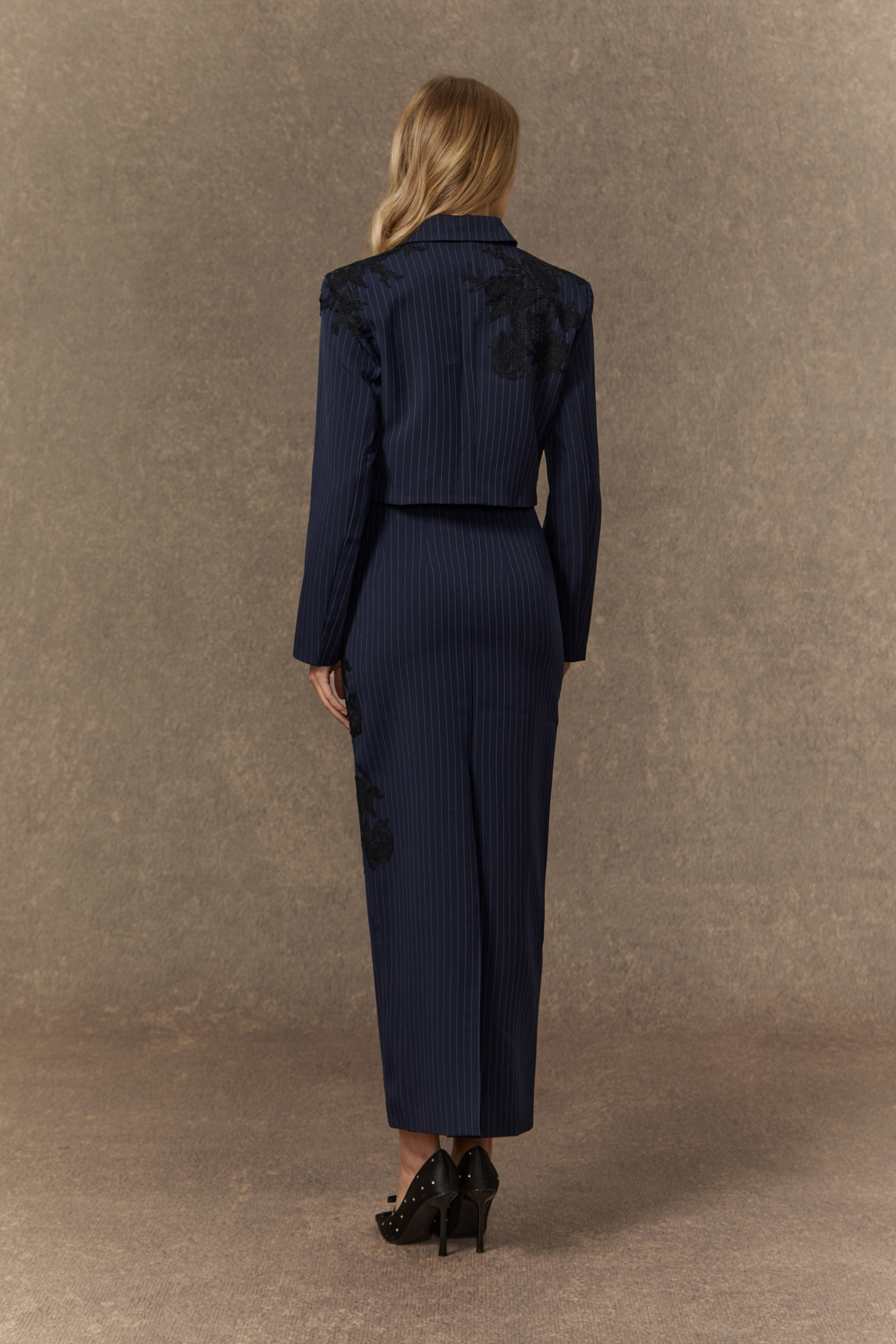 Stylish Structure Dark Blue Pinstripe Cropped Blazer & Lace Embroidered Skirt Set
