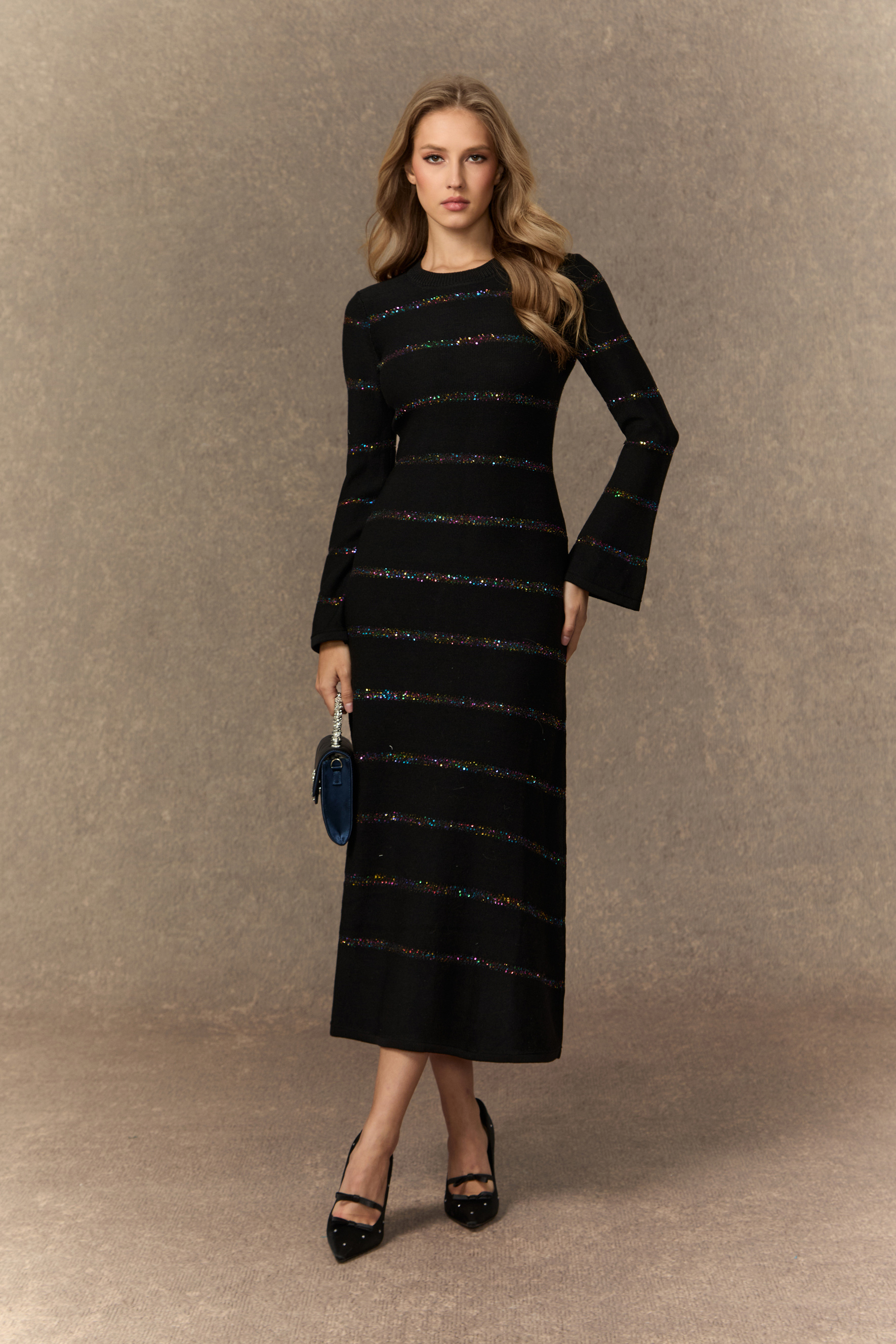 Soulful Nights Black Sequin Embellished Knit Midi Dress