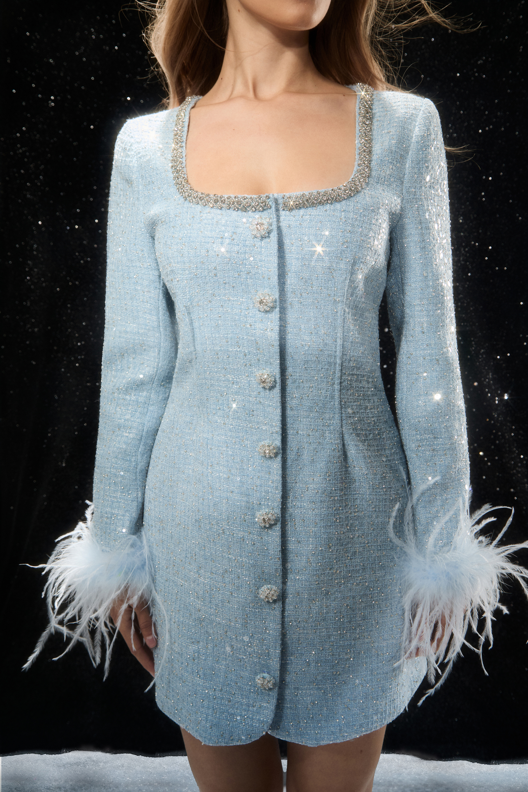 Bring The Extravagance Blue Tweed Feather Cuff Mini Dress