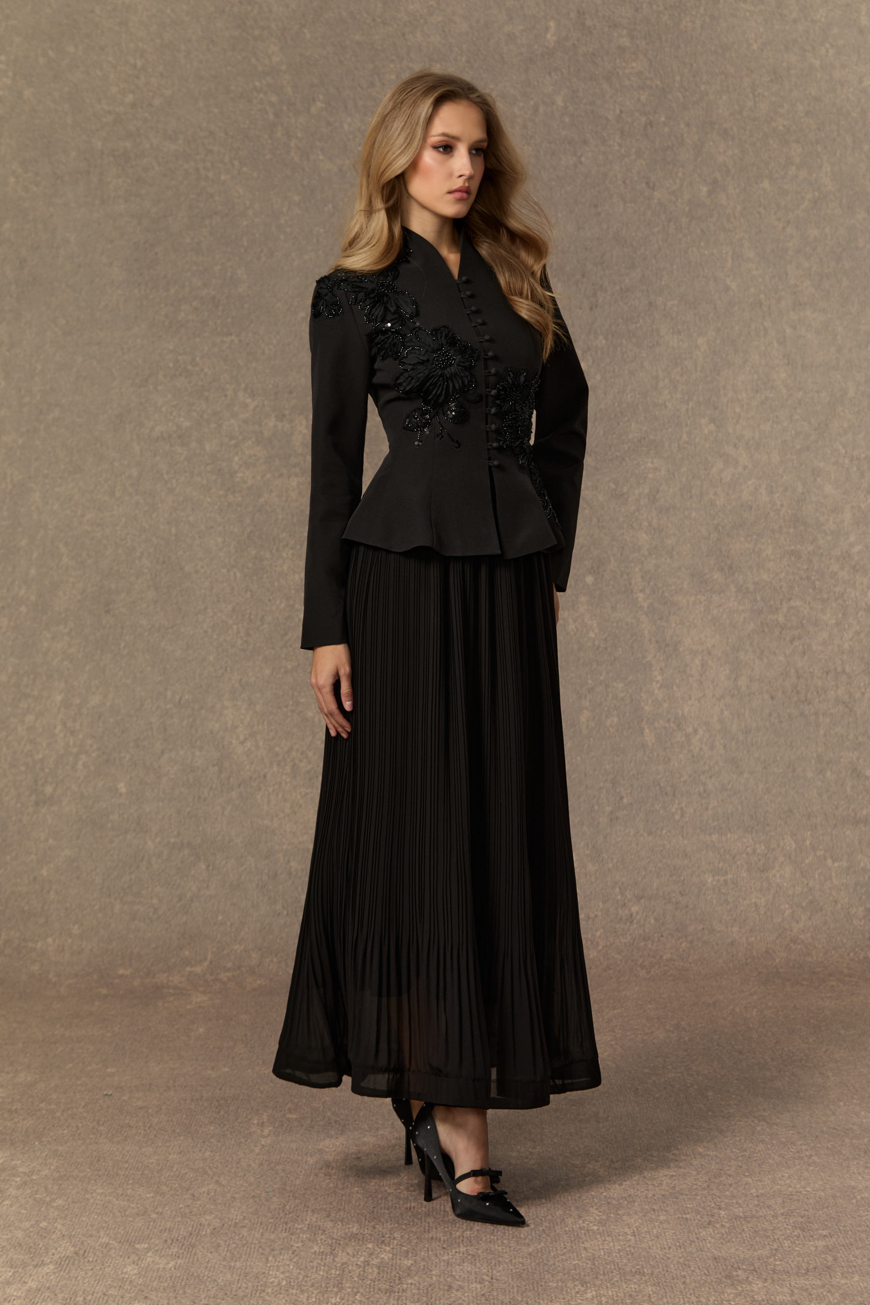 Graceful Arrival Black Lace Embroidered Jacket & Pleated Skirt Set