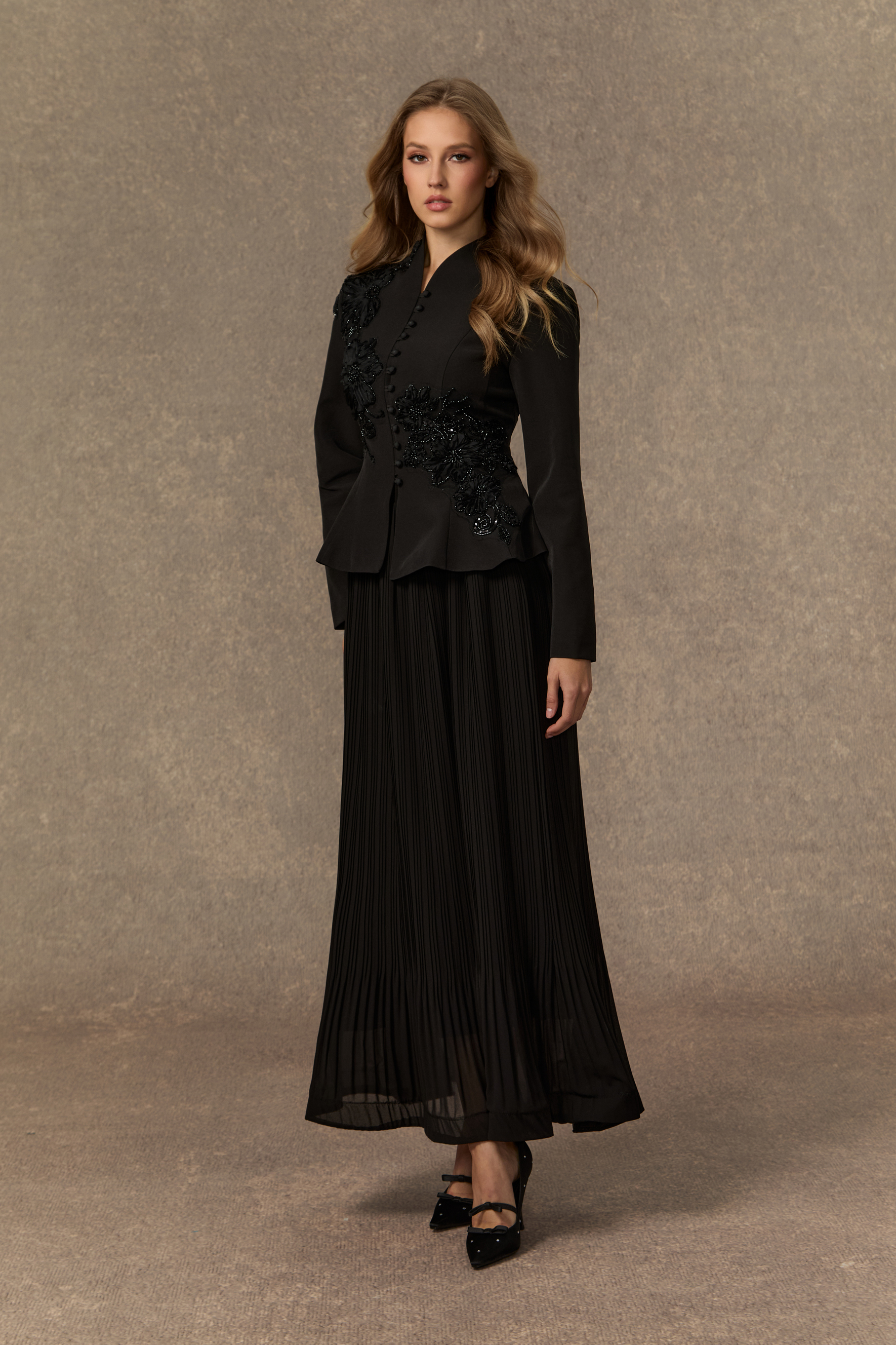 Graceful Arrival Black Lace Embroidered Jacket & Pleated Skirt Set