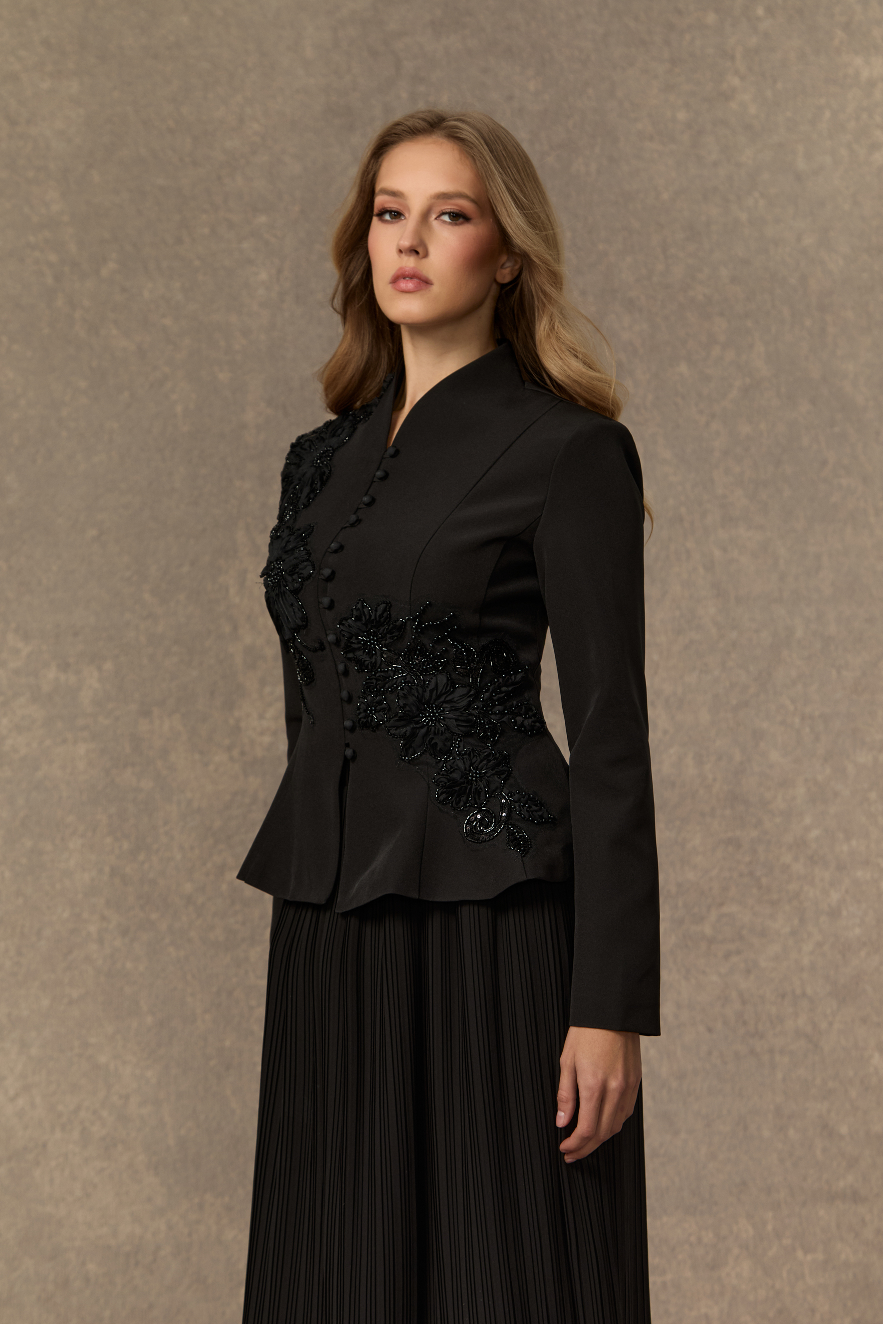 Graceful Arrival Black Lace Embroidered Jacket & Pleated Skirt Set
