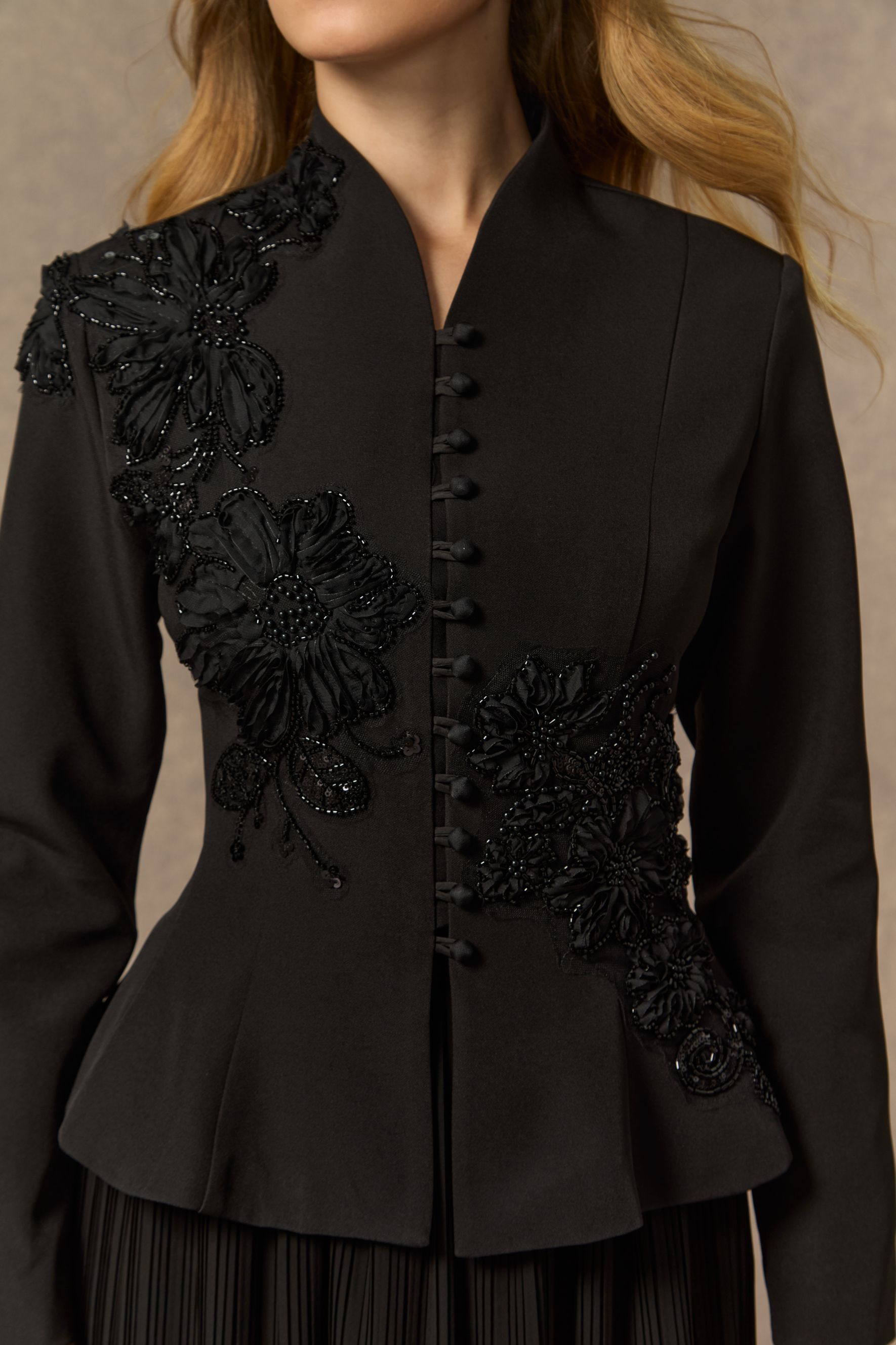 Graceful Arrival Black Lace Embroidered Jacket & Pleated Skirt Set