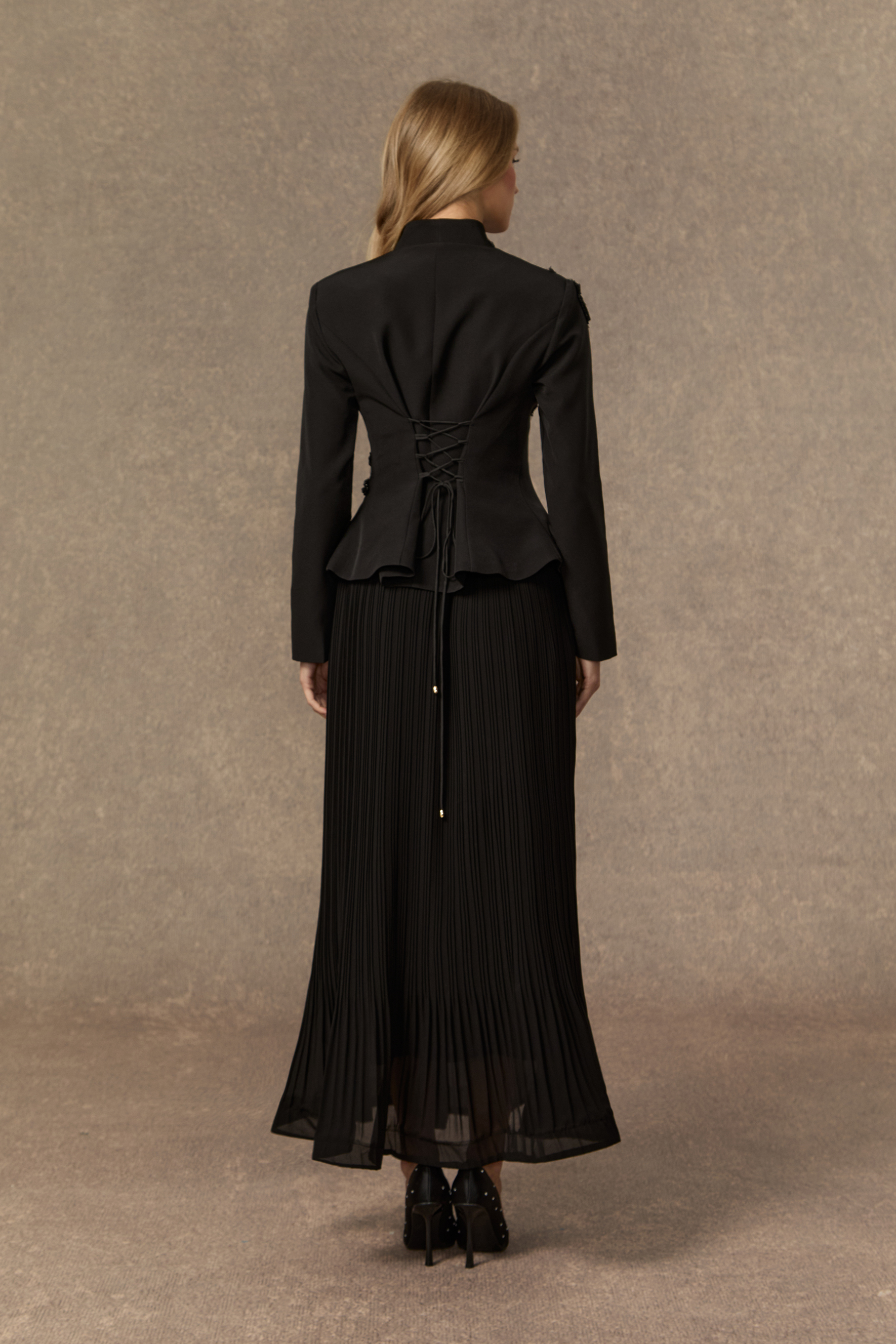 Graceful Arrival Black Lace Embroidered Jacket & Pleated Skirt Set