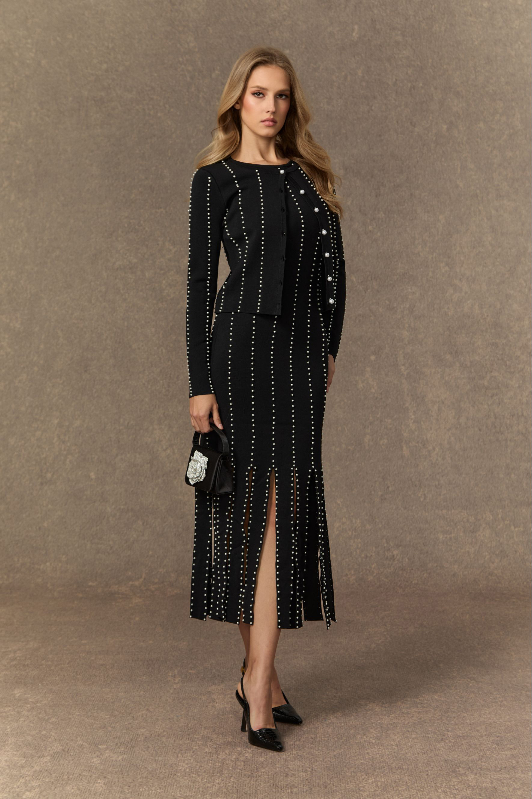 Ultimate Coziness Black Beaded Fringed Knit Jacket & Dress Set