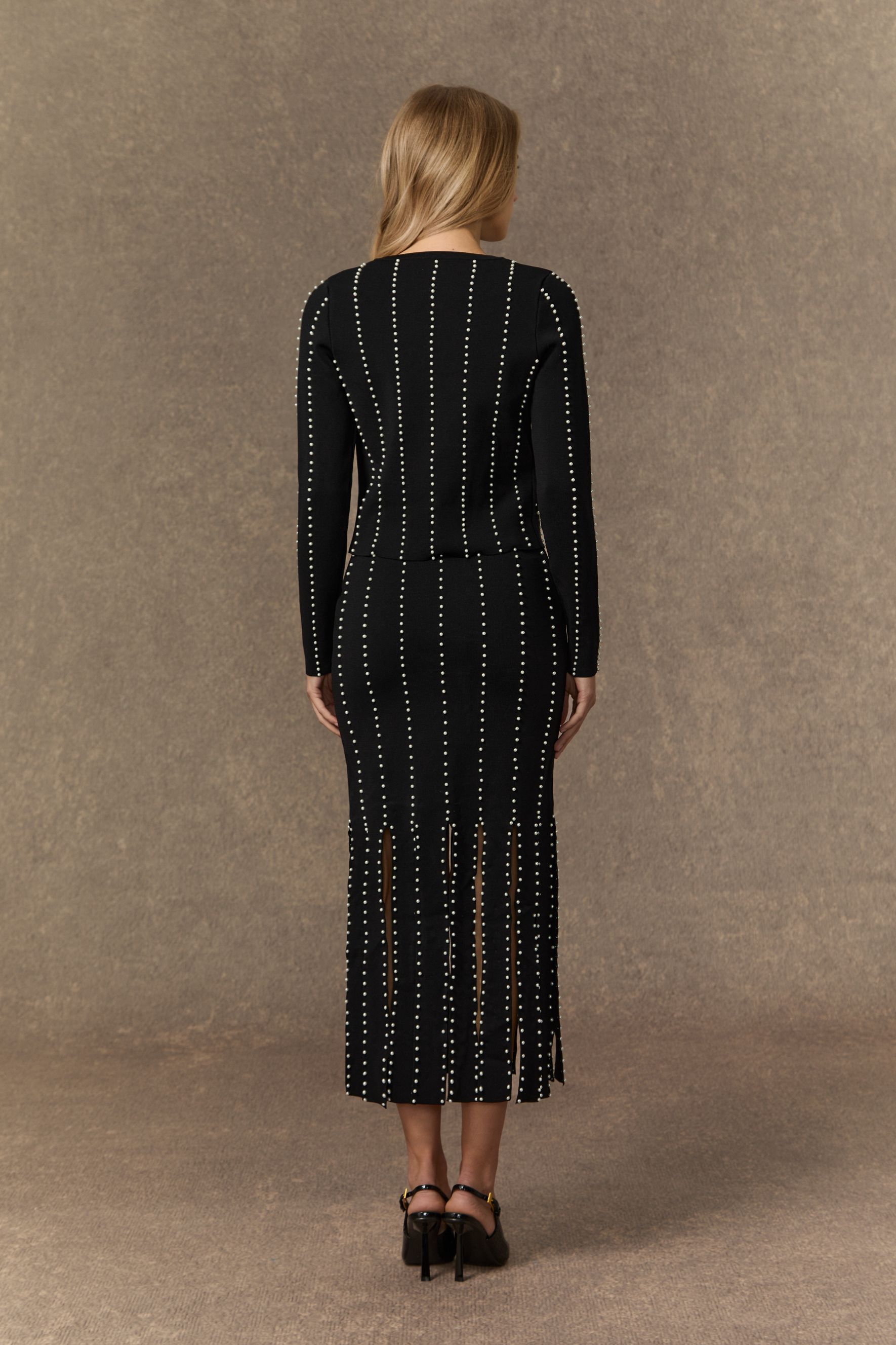 Ultimate Coziness Black Beaded Fringed Knit Jacket & Dress Set