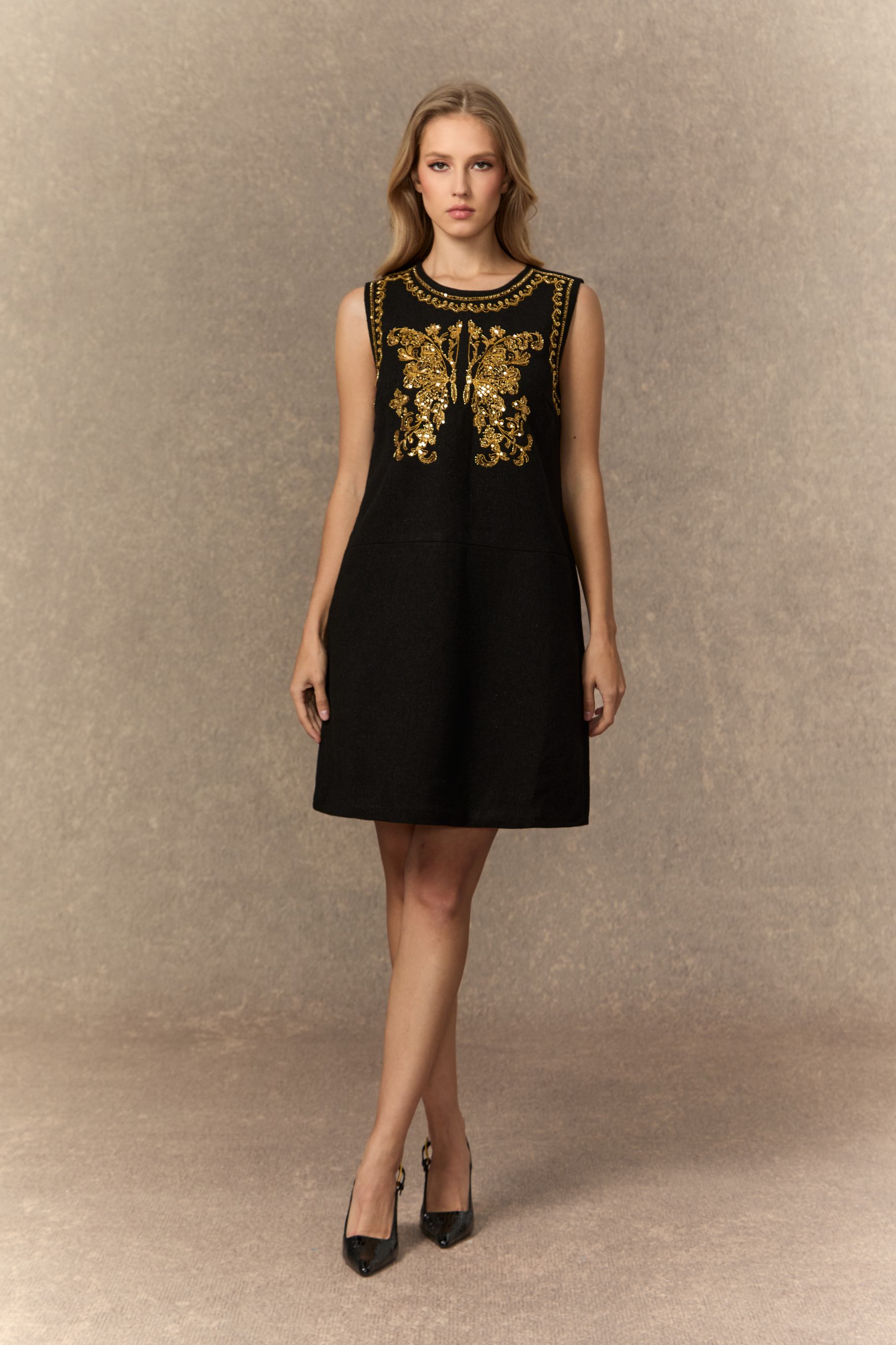 Whispered Luxury Black Butterfly Embroidered Mini Dress