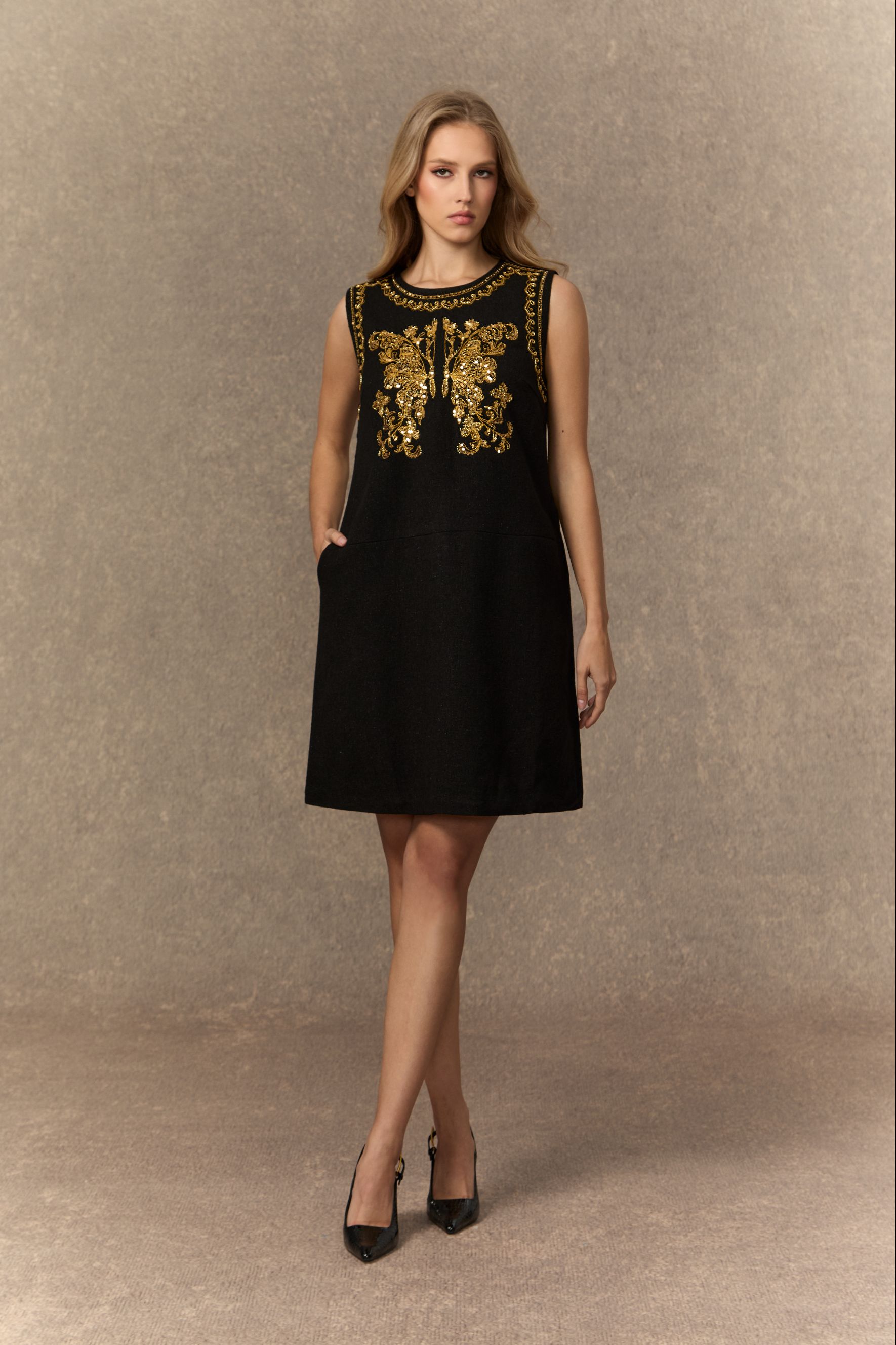 Whispered Luxury Black Butterfly Embroidered Mini Dress