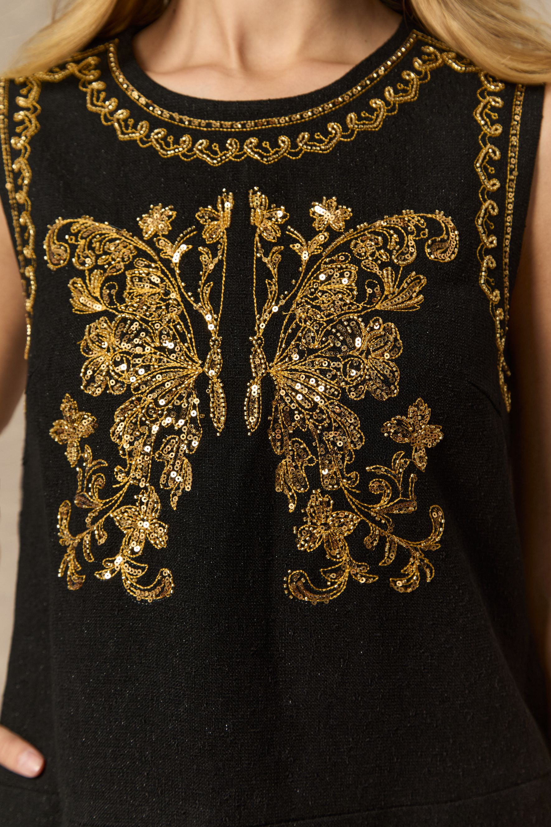 Whispered Luxury Black Butterfly Embroidered Mini Dress