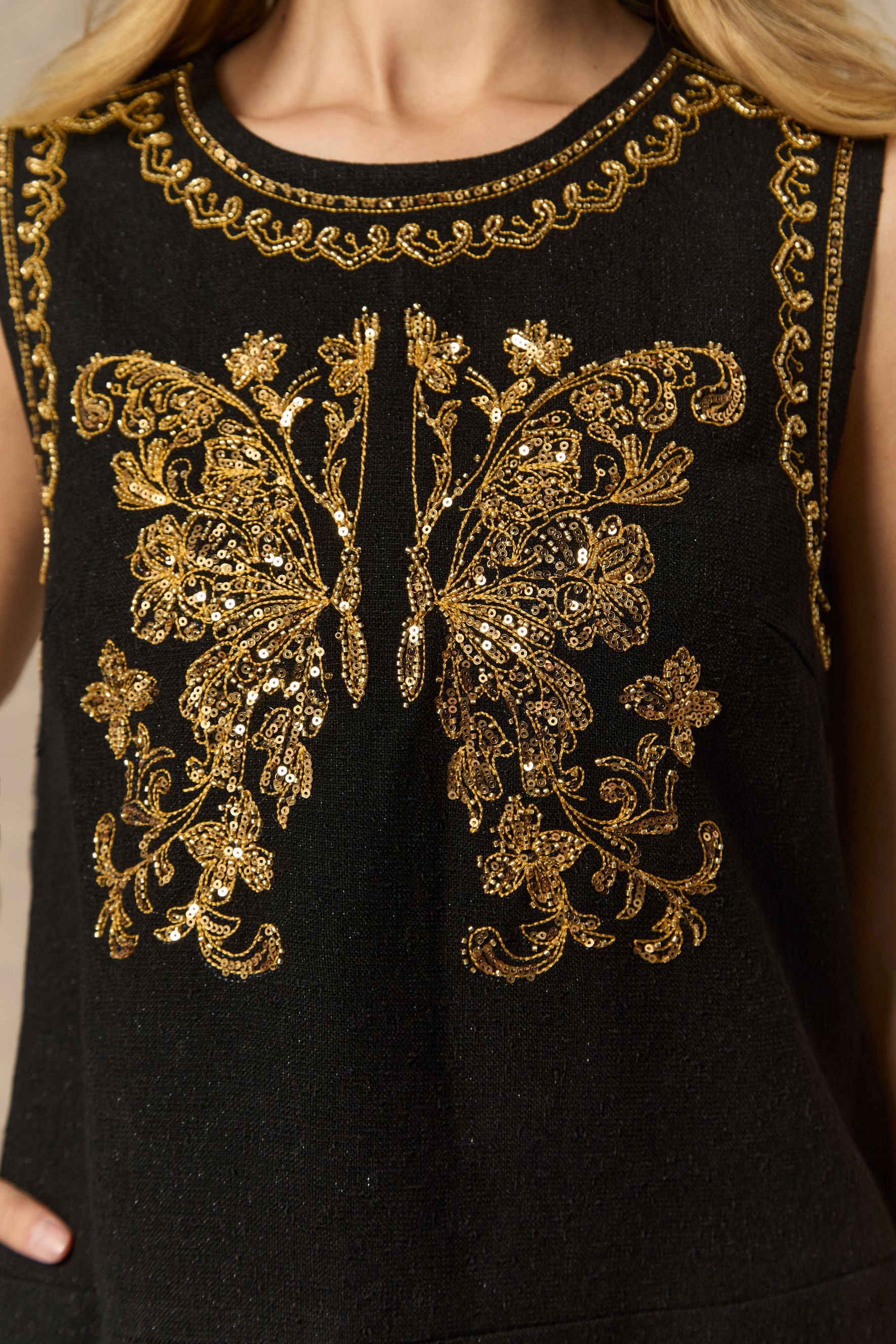 Whispered Luxury Black Butterfly Embroidered Mini Dress