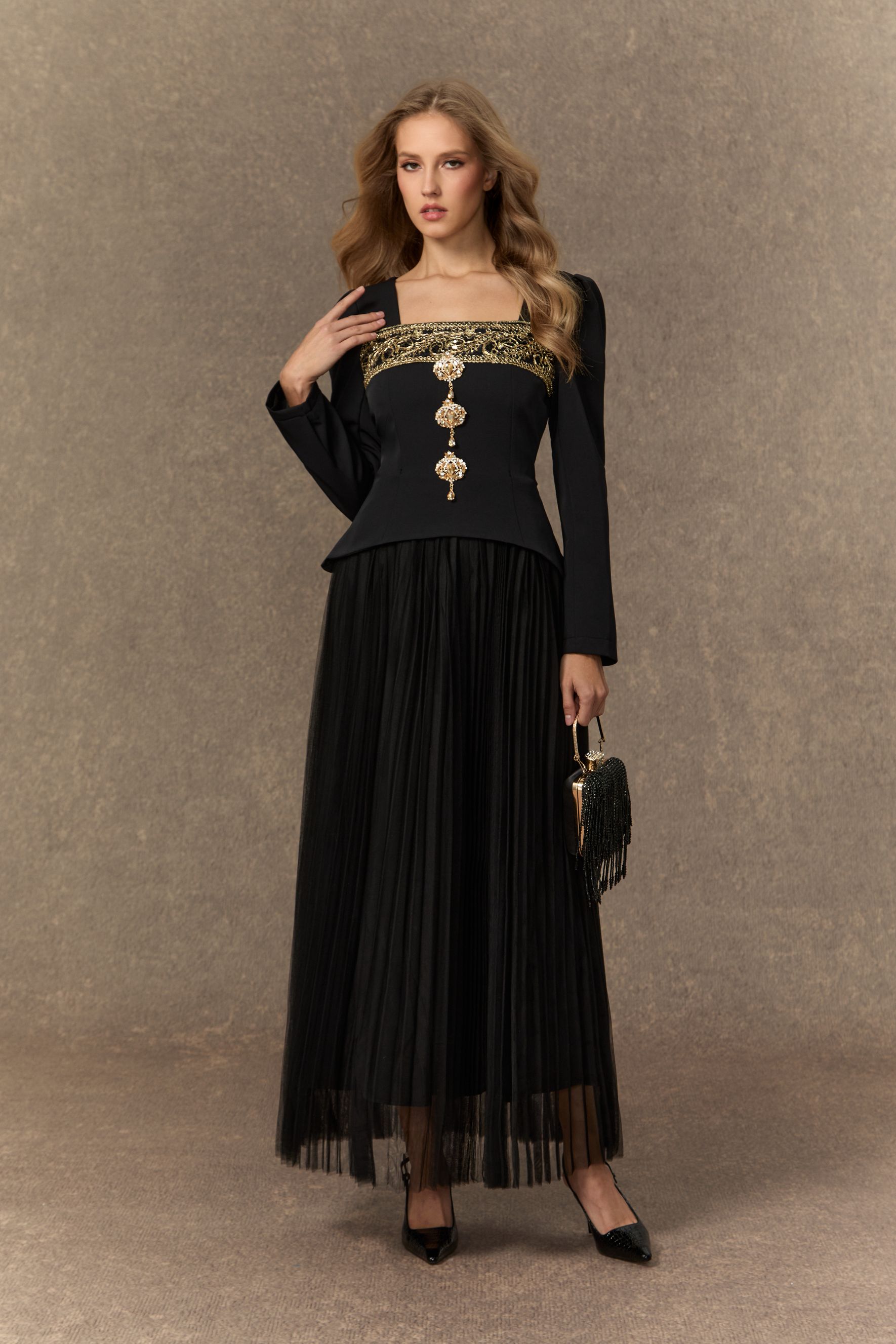 Feel The Romance Jeweled Button Pleated Maxi Dress