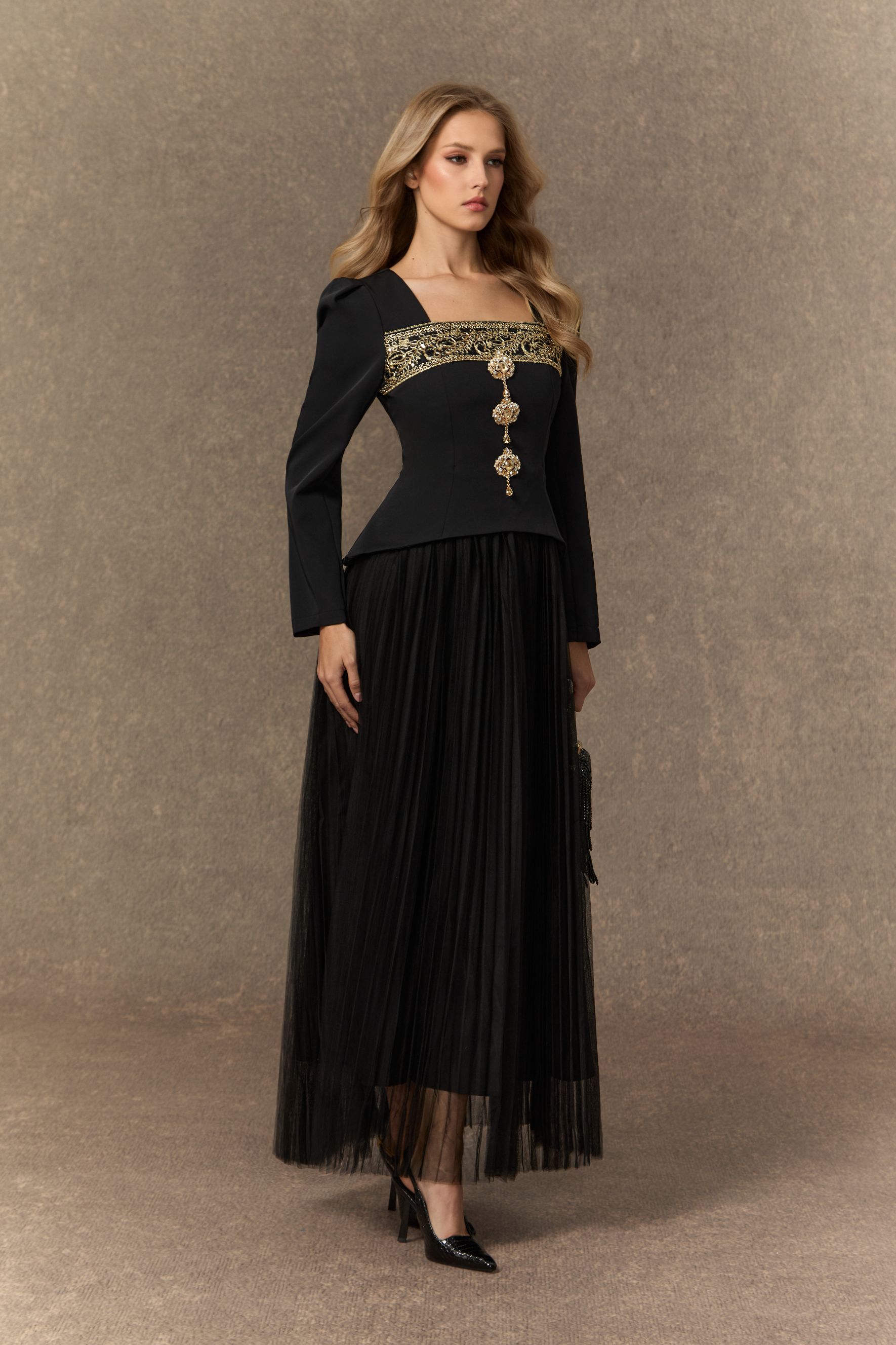 Feel The Romance Jeweled Button Pleated Maxi Dress