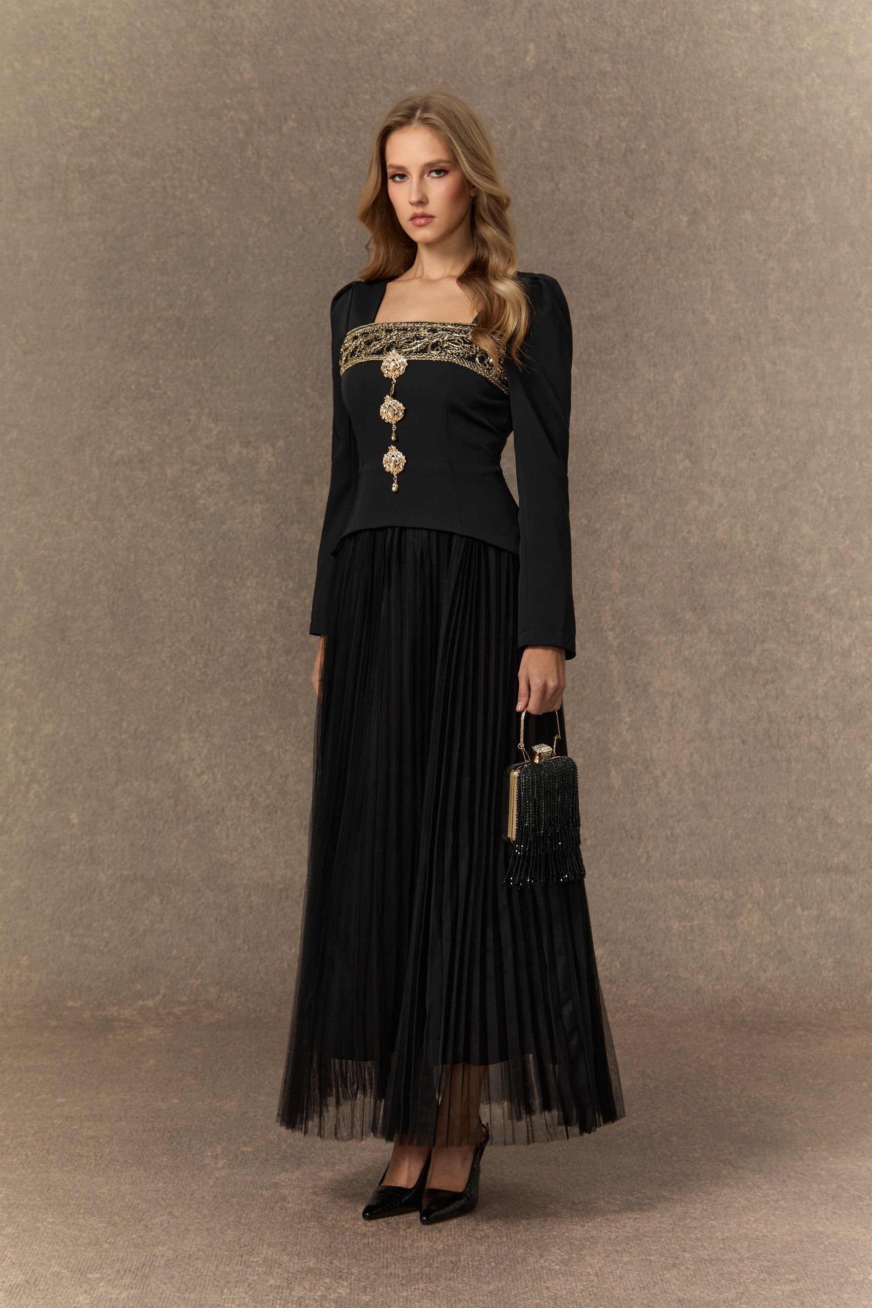 Feel The Romance Jeweled Button Pleated Maxi Dress