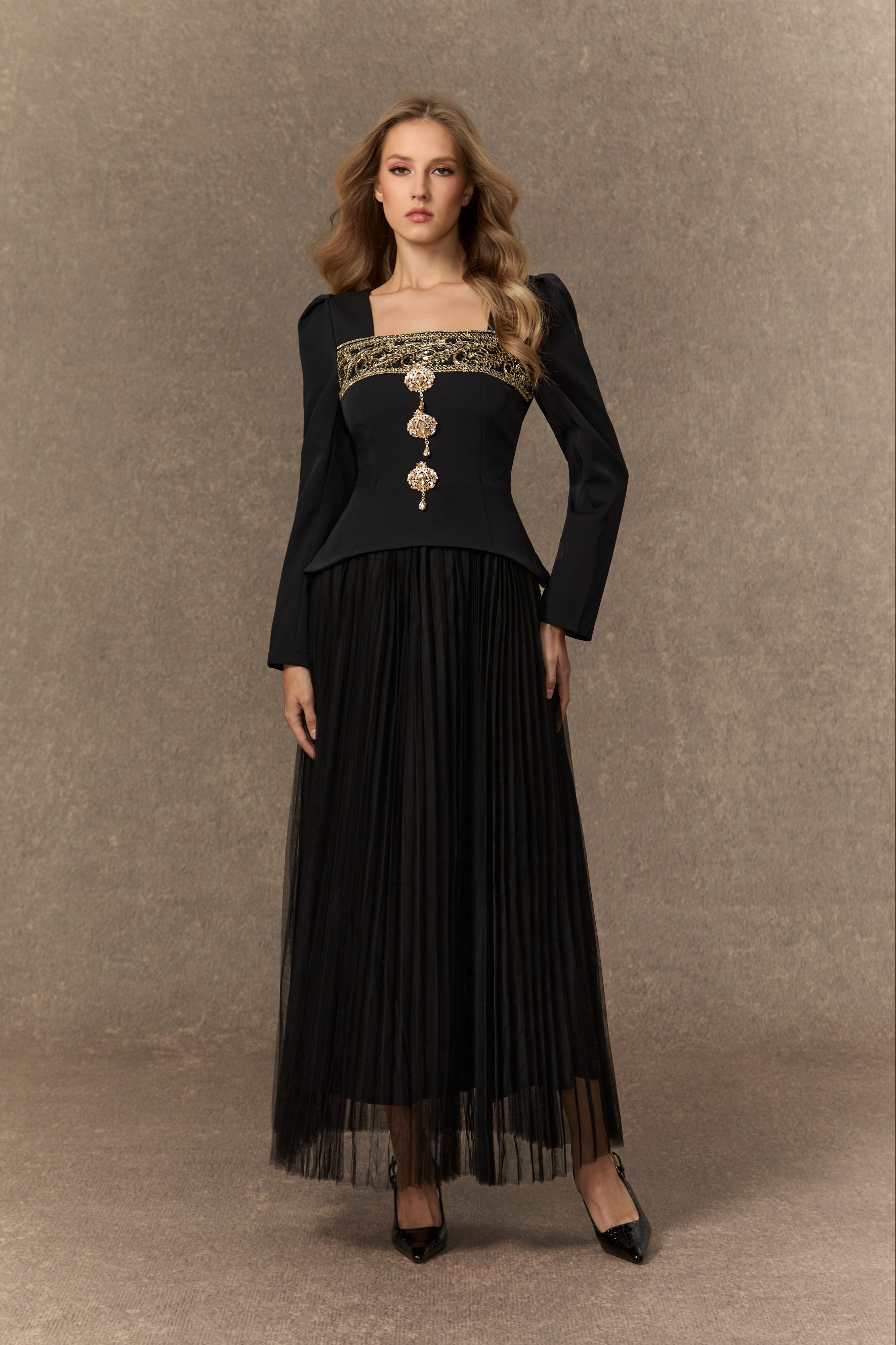 Feel The Romance Jeweled Button Pleated Maxi Dress