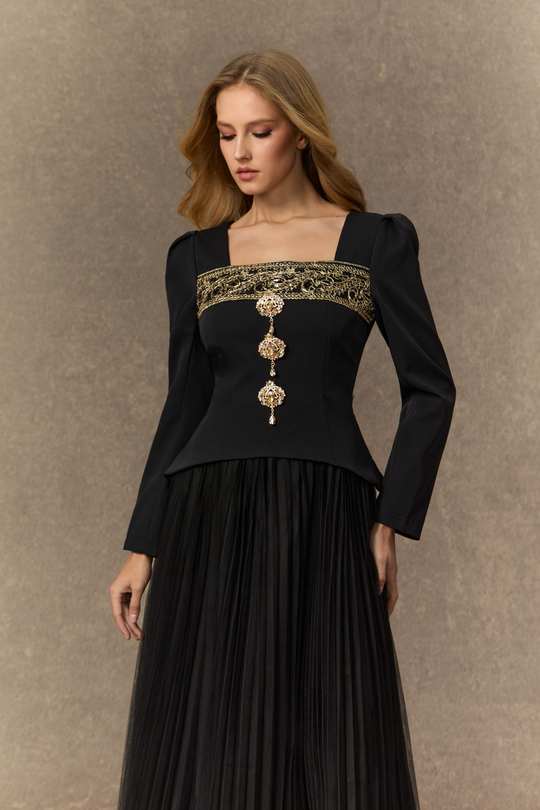 Feel The Romance Jeweled Button Pleated Maxi Dress