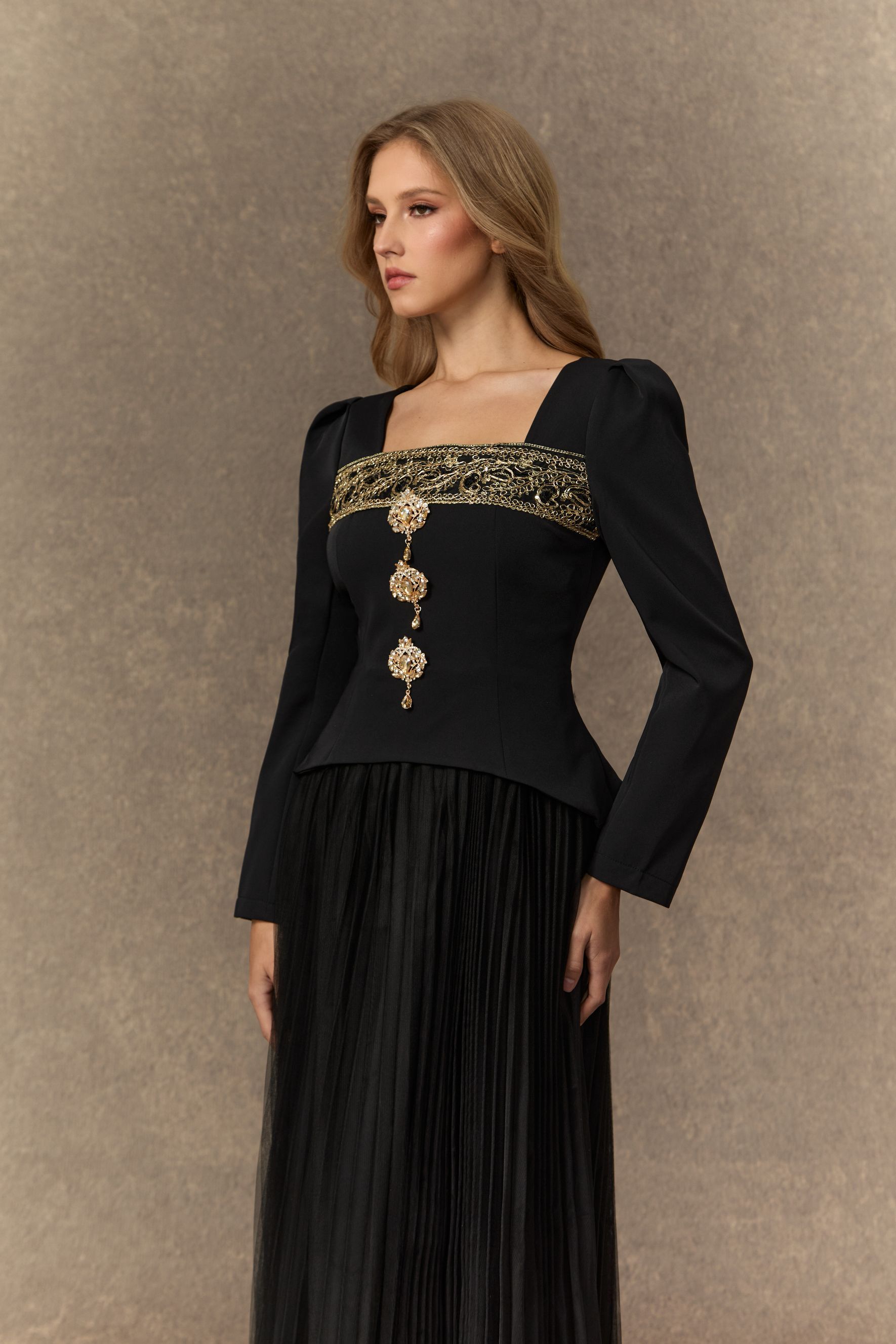 Feel The Romance Jeweled Button Pleated Maxi Dress