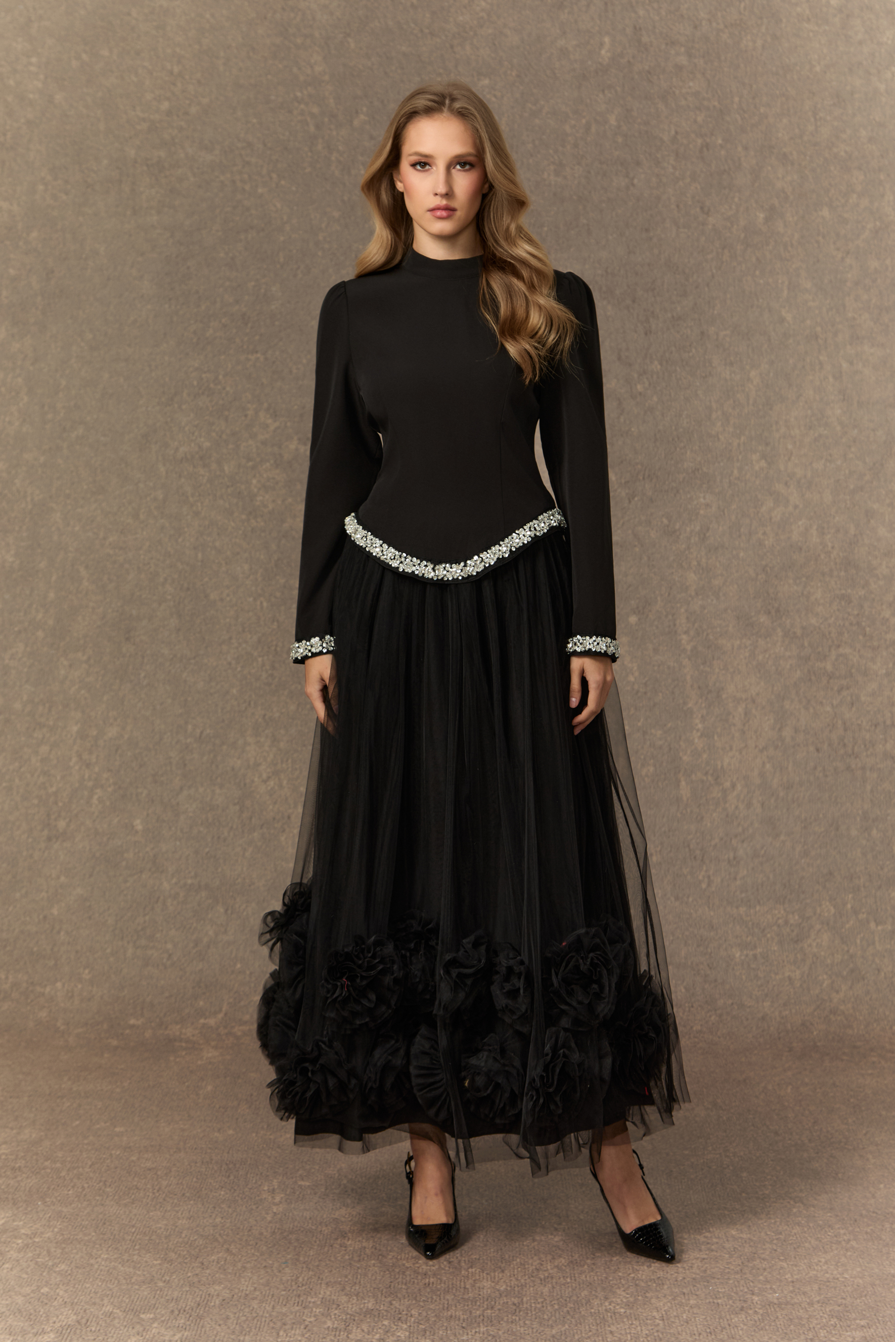 Remember This Moment Black Crystal Embellished Hem Top & 3D Flower Skirt Set