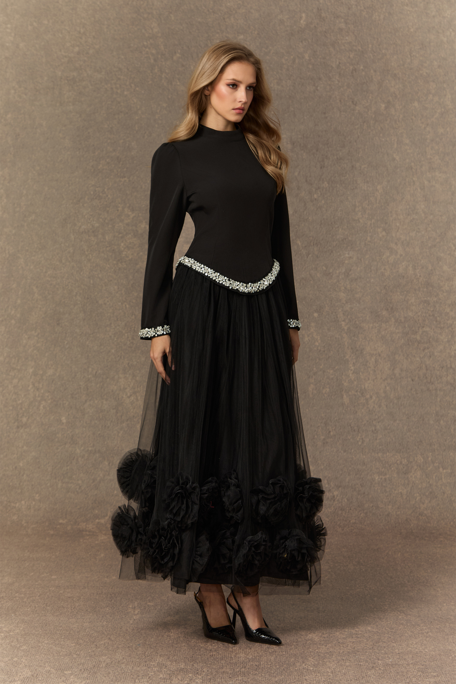 Remember This Moment Black Crystal Embellished Hem Top & 3D Flower Skirt Set