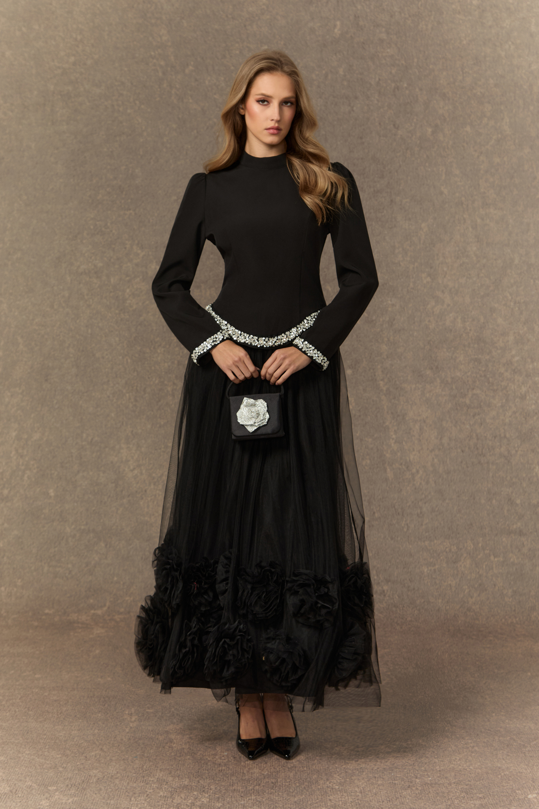 Remember This Moment Black Crystal Embellished Hem Top & 3D Flower Skirt Set