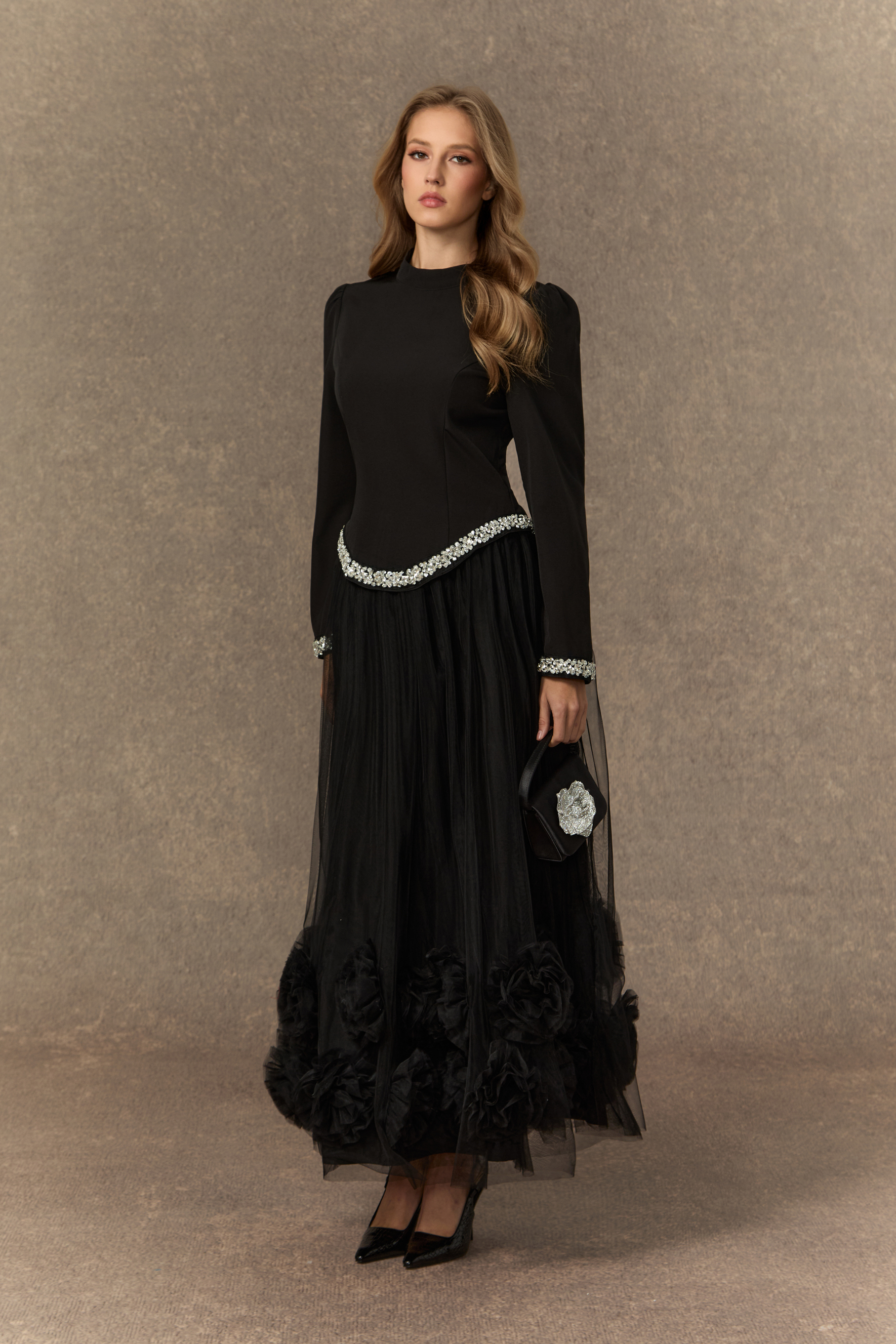 Remember This Moment Black Crystal Embellished Hem Top & 3D Flower Skirt Set