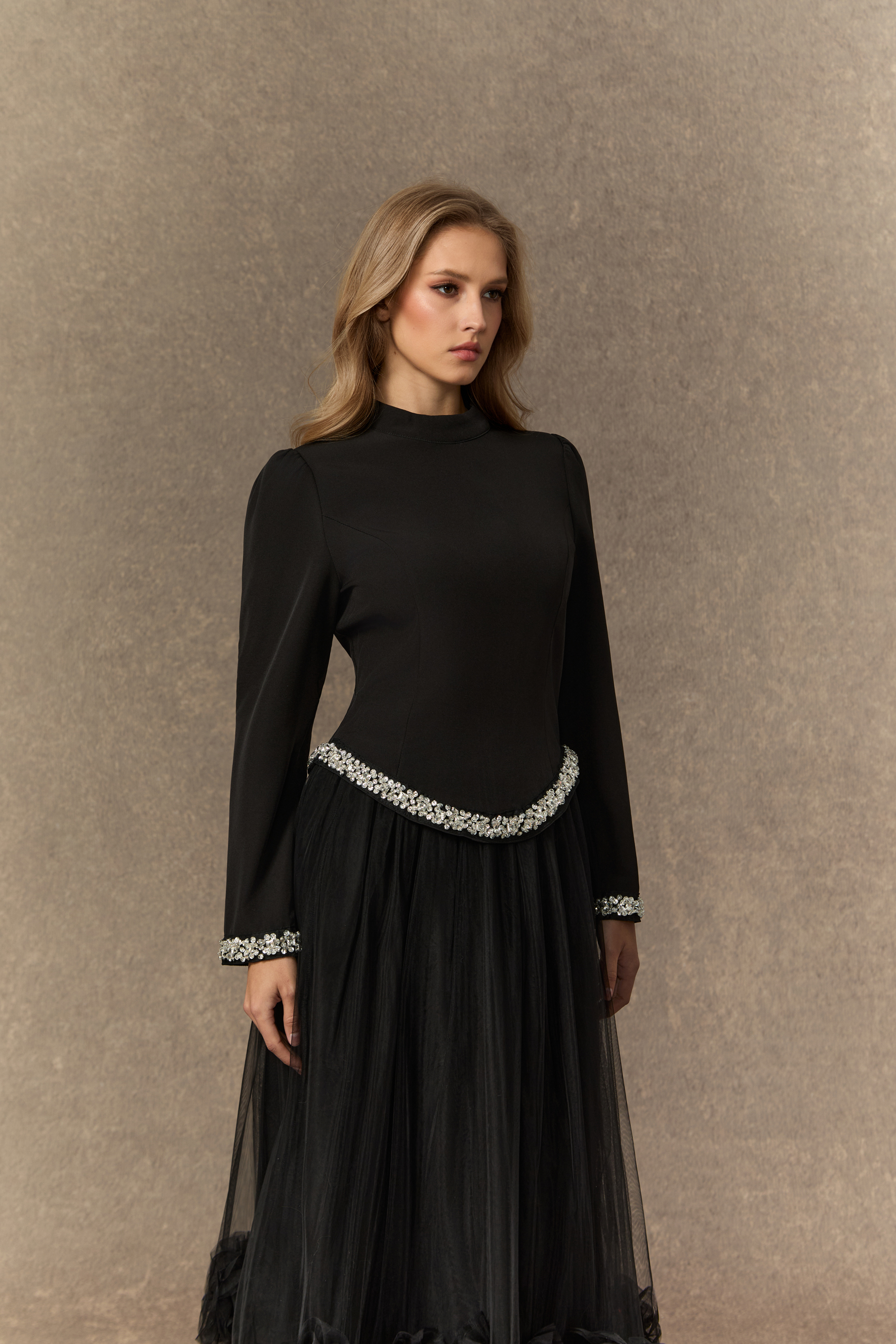 Remember This Moment Black Crystal Embellished Hem Top & 3D Flower Skirt Set