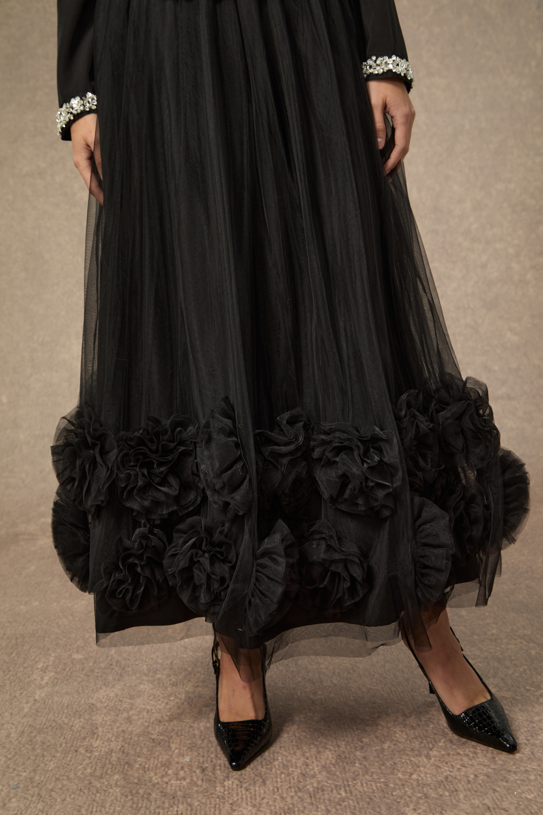 Remember This Moment Black Crystal Embellished Hem Top & 3D Flower Skirt Set