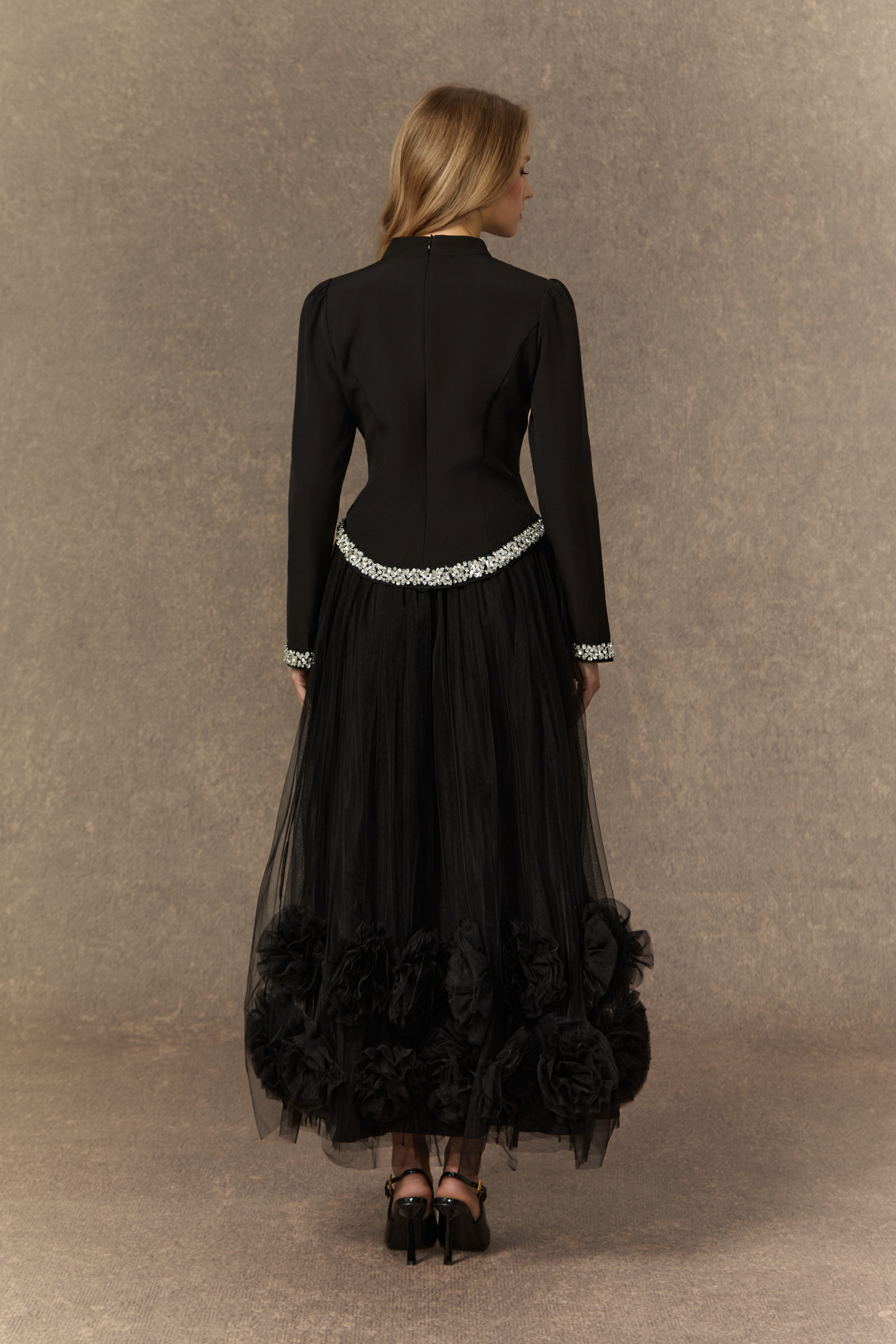 Remember This Moment Black Crystal Embellished Hem Top & 3D Flower Skirt Set