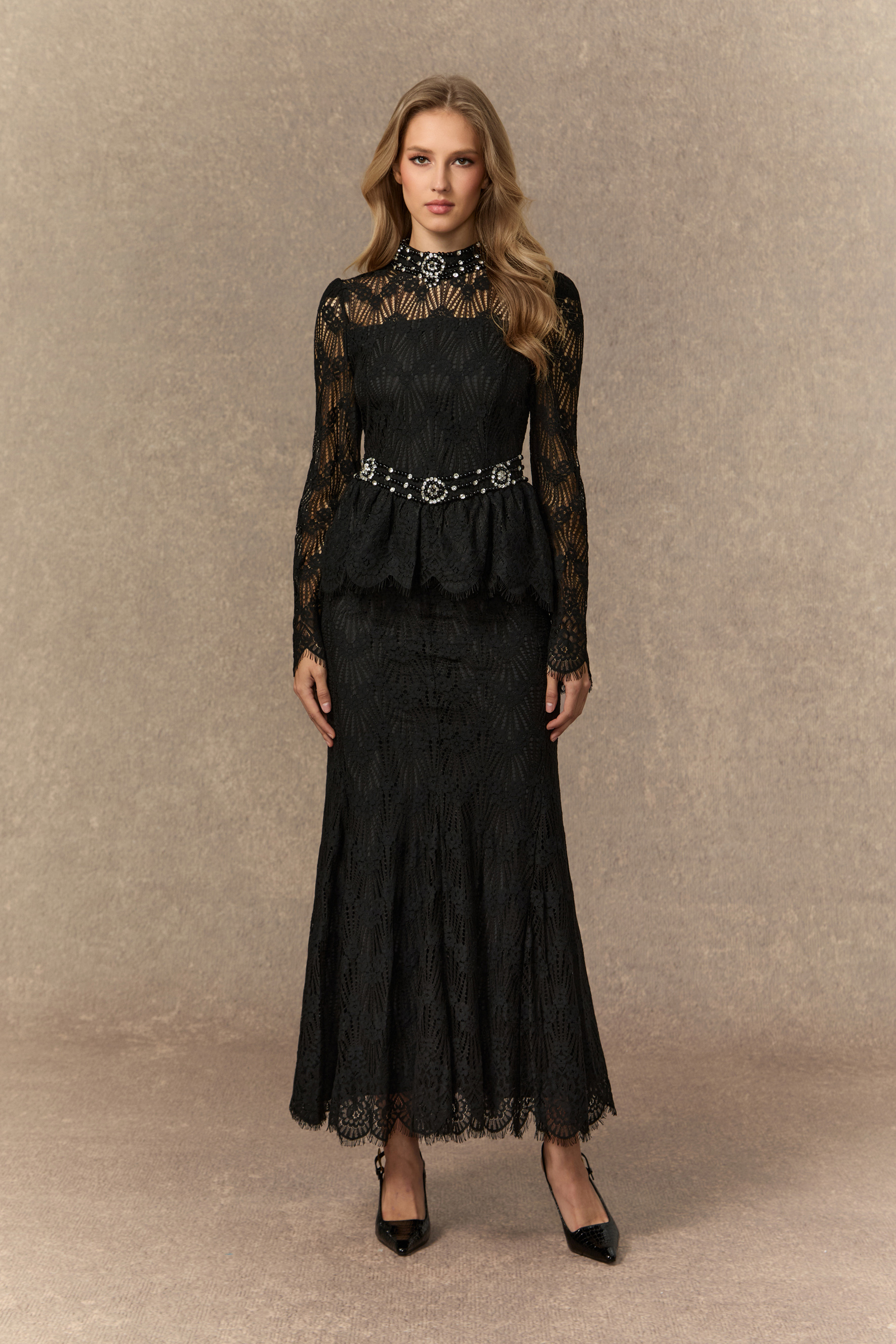 A Love Thing Black Beaded Lace Top & Mermaid Skirt Set