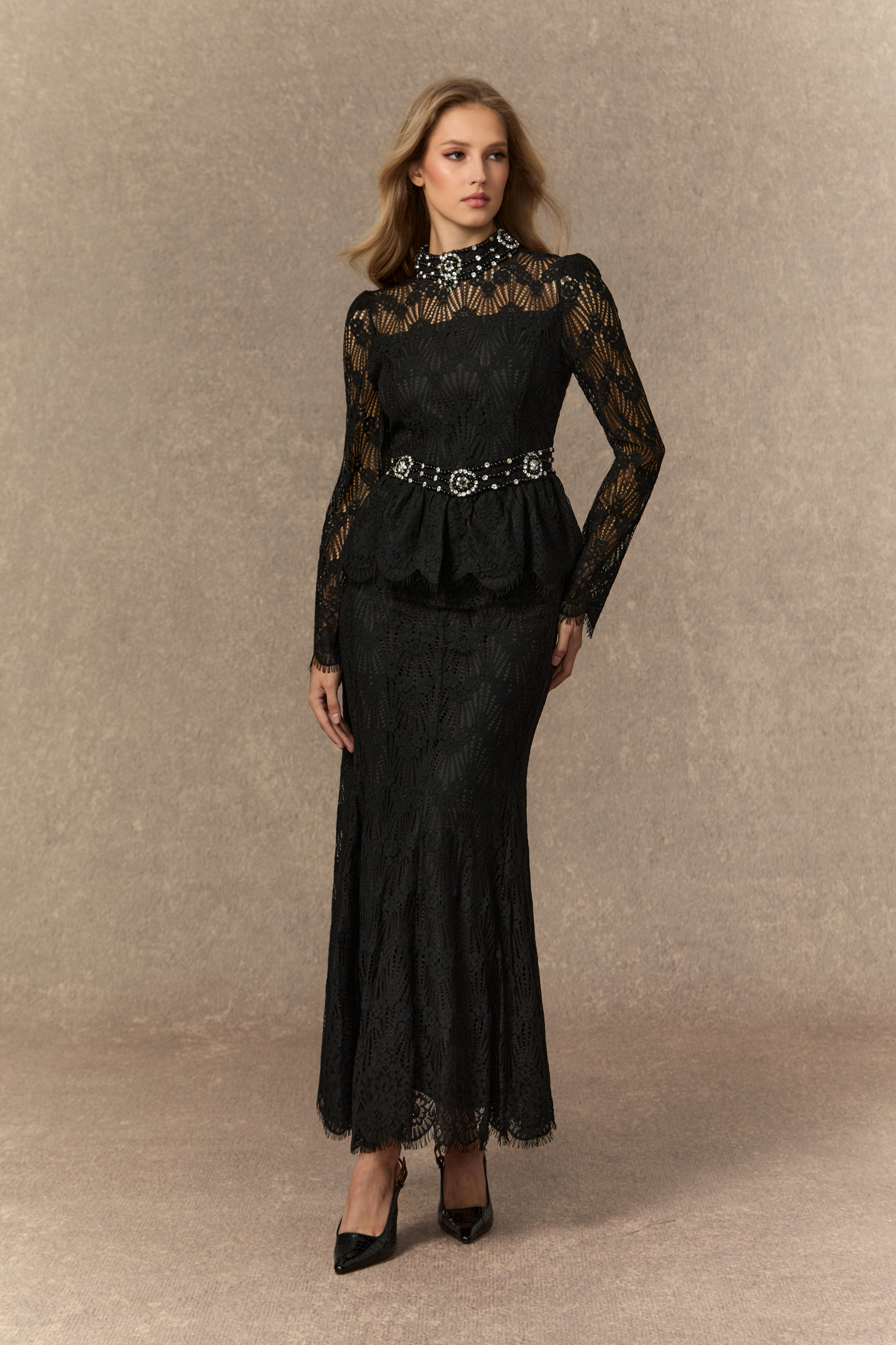 A Love Thing Black Beaded Lace Top & Mermaid Skirt Set