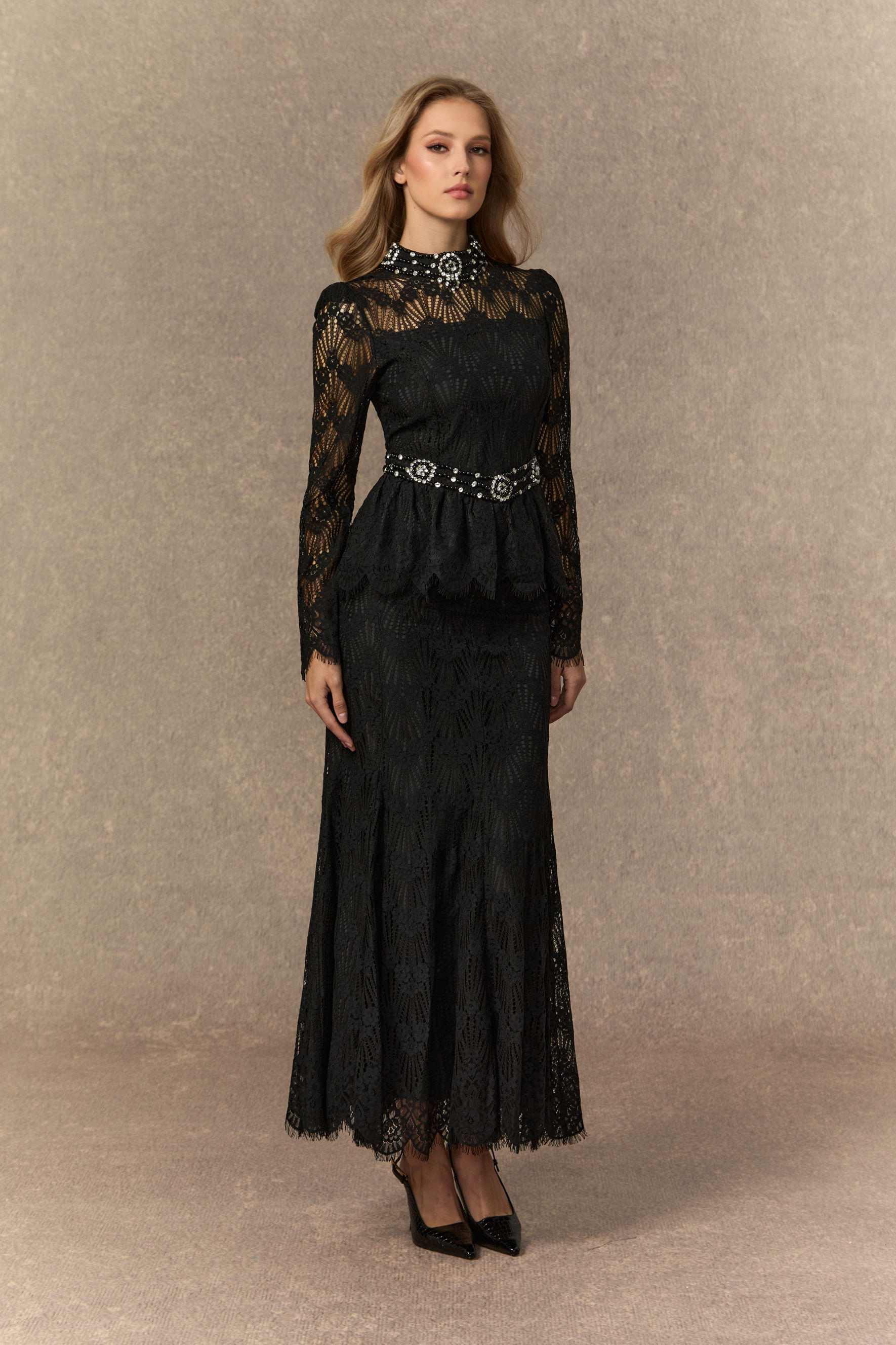 A Love Thing Black Beaded Lace Top & Mermaid Skirt Set