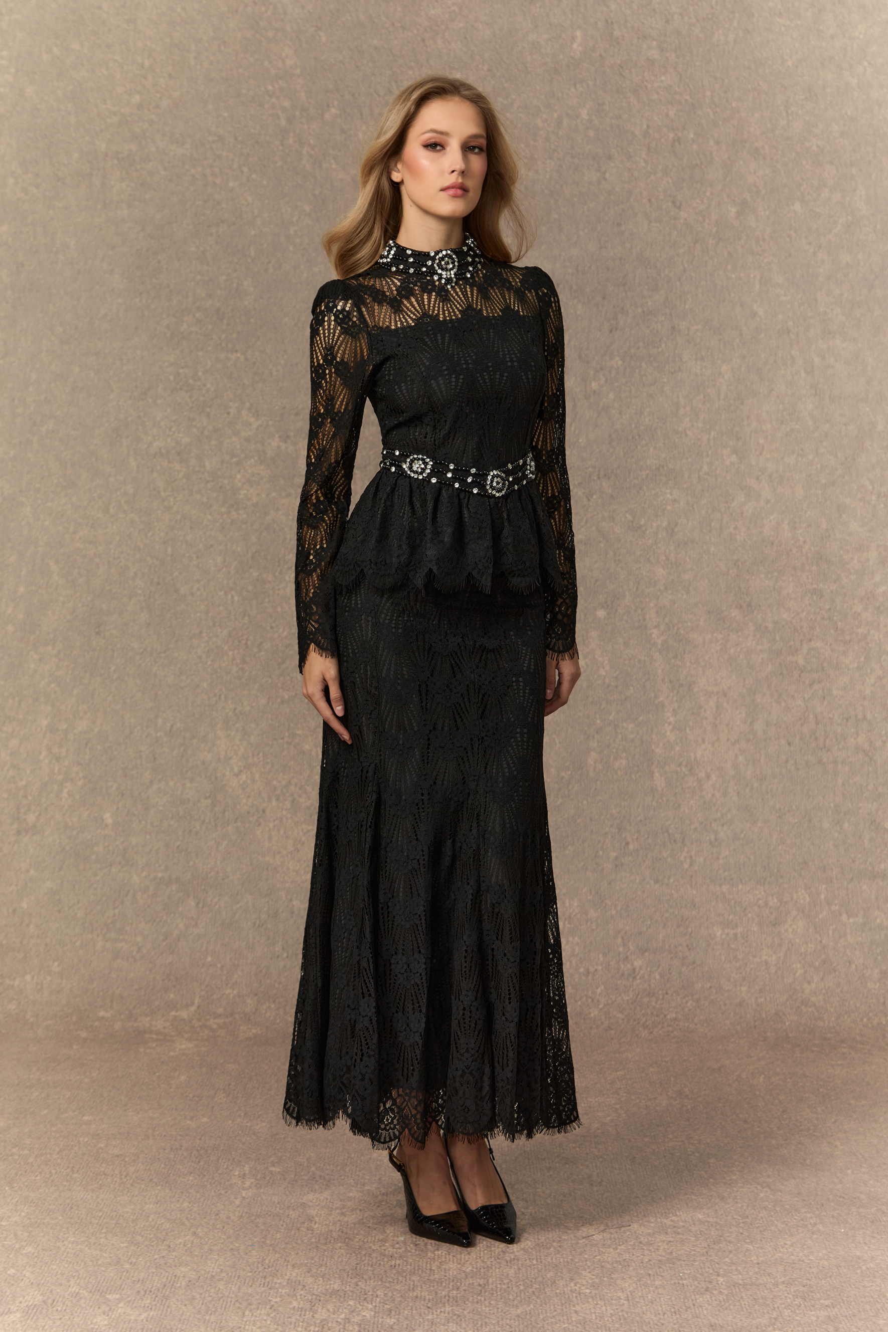 A Love Thing Black Beaded Lace Top & Mermaid Skirt Set