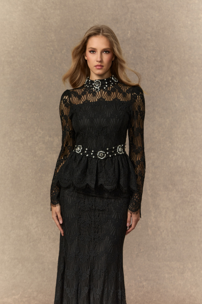 A Love Thing Black Beaded Lace Top & Mermaid Skirt Set