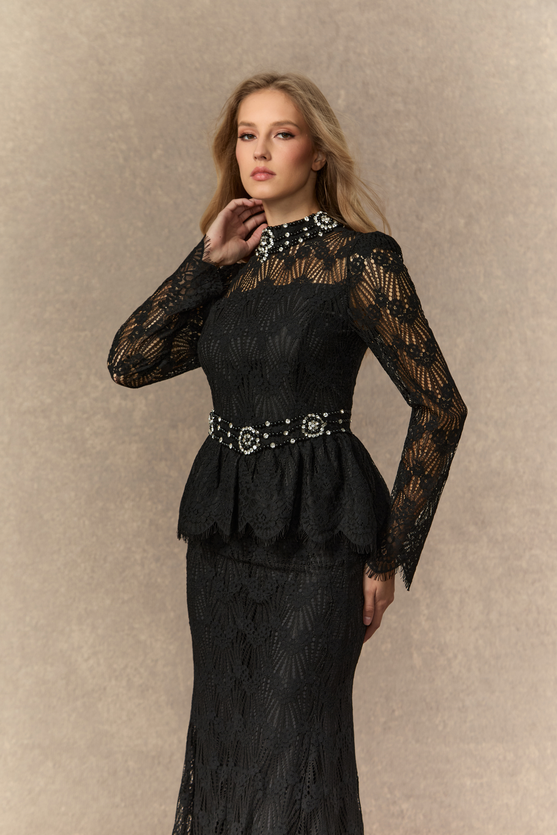 A Love Thing Black Beaded Lace Top & Mermaid Skirt Set