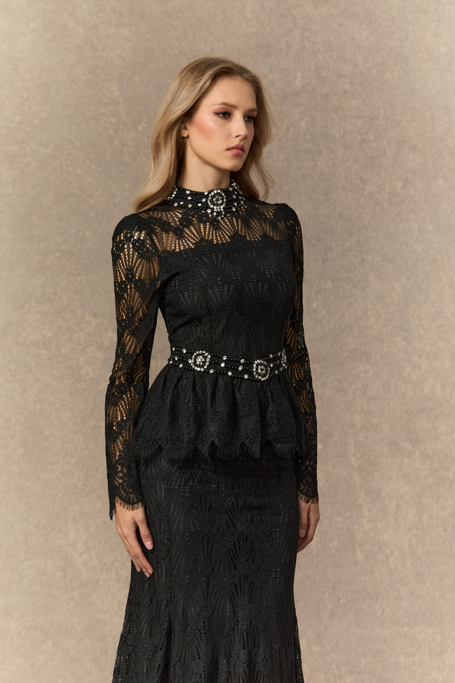 A Love Thing Black Beaded Lace Top & Mermaid Skirt Set