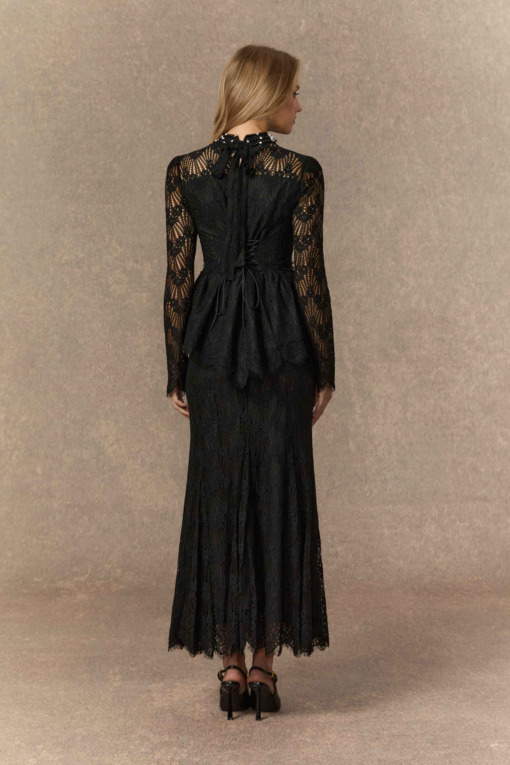 A Love Thing Black Beaded Lace Top & Mermaid Skirt Set