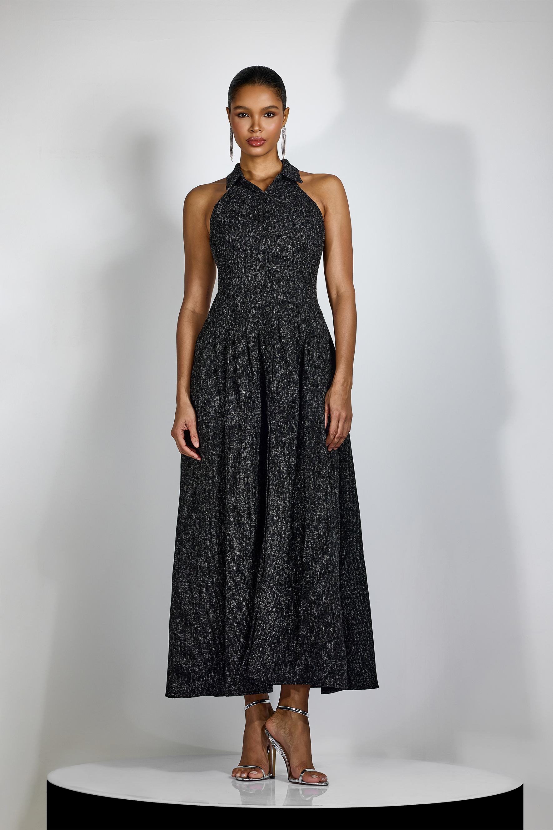Alarice Shirt Collar Sleeveless Tweed Maxi Dress