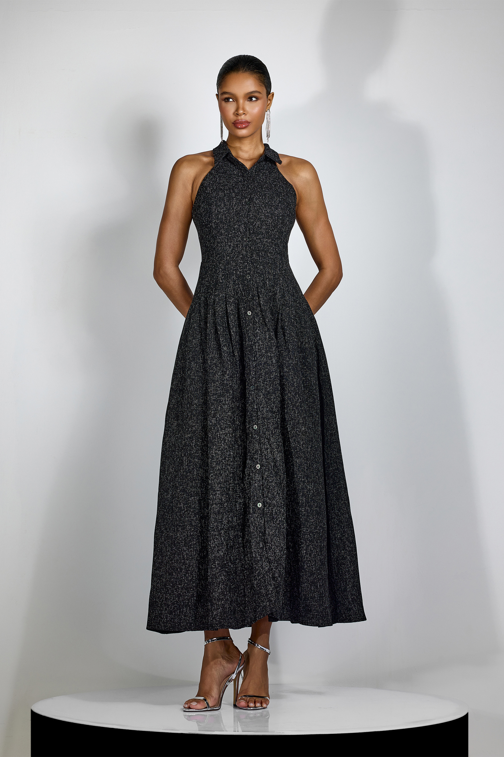 Alarice Shirt Collar Sleeveless Tweed Maxi Dress